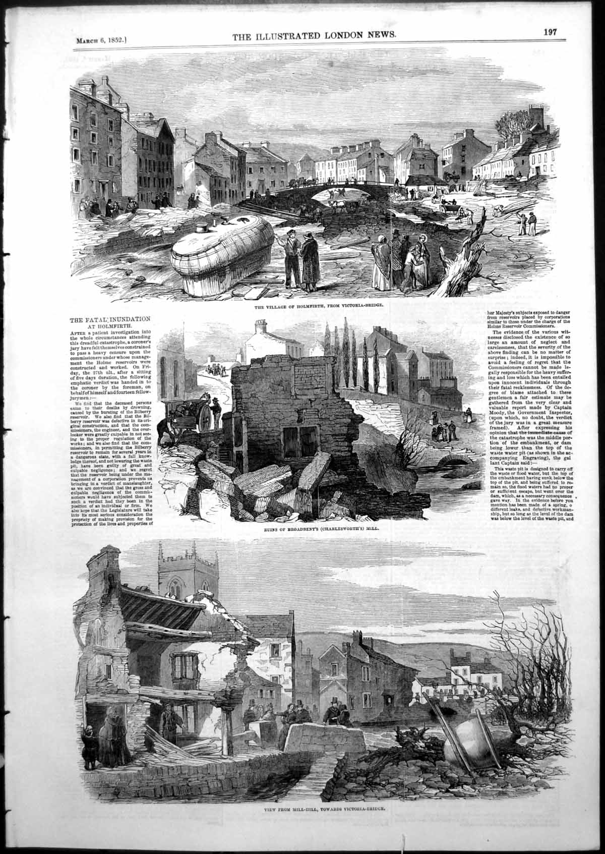 Antique Old Print Fatal Inundation Holmfirth Victoria Bridge Ruins Mill 1852