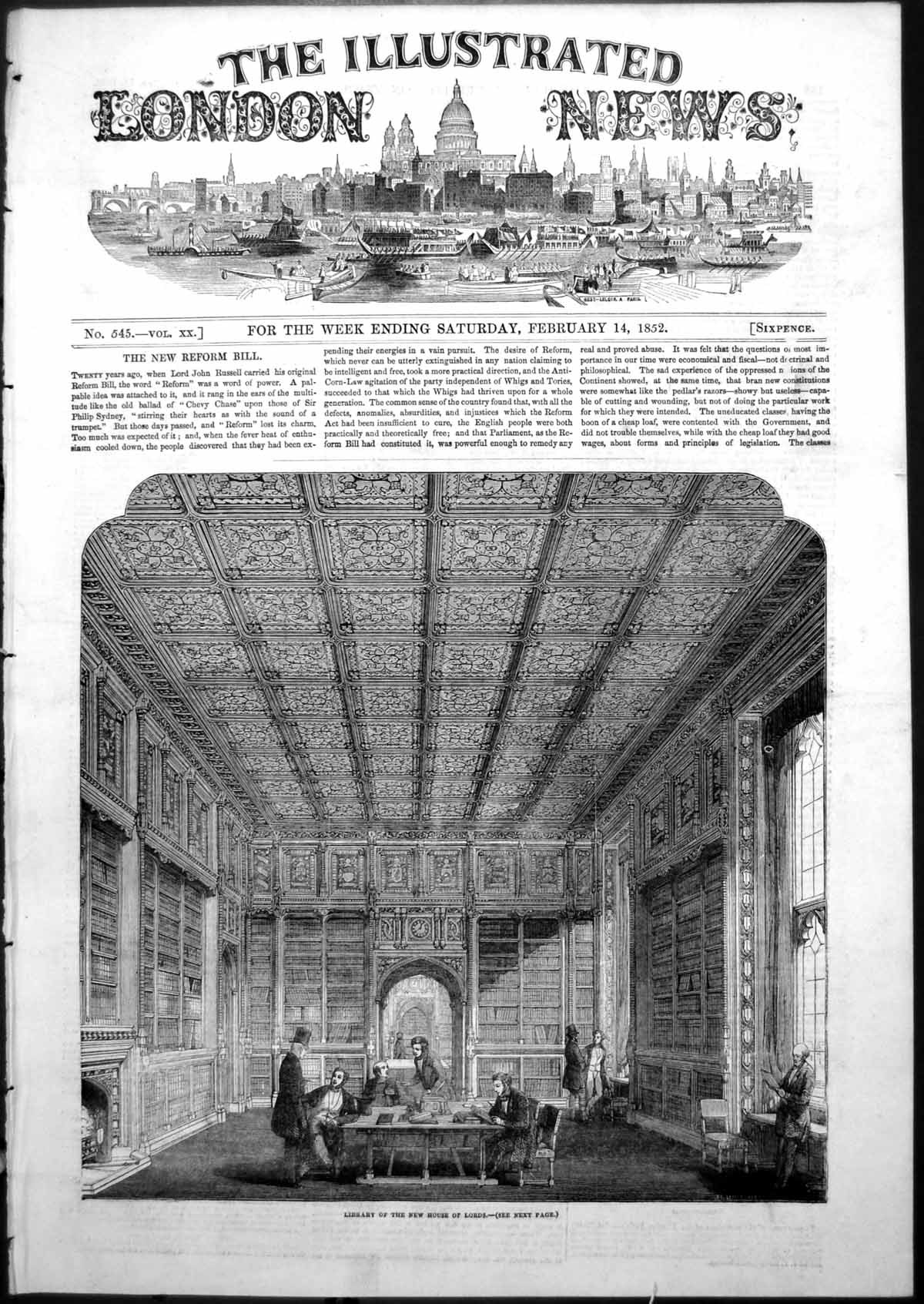 Original Old Antique Print Library New House Lords Men Reading Table 1852 19th