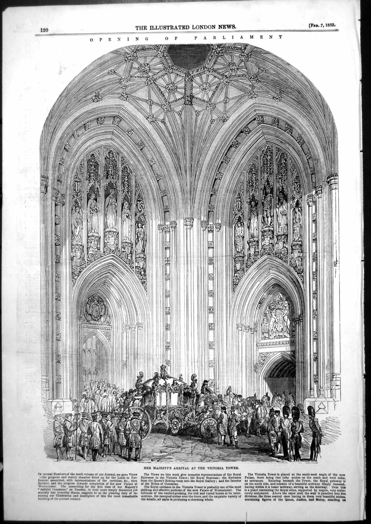 Antique Old Print Opening Parliament Her Majestys Arrival Victoria Tower 1852