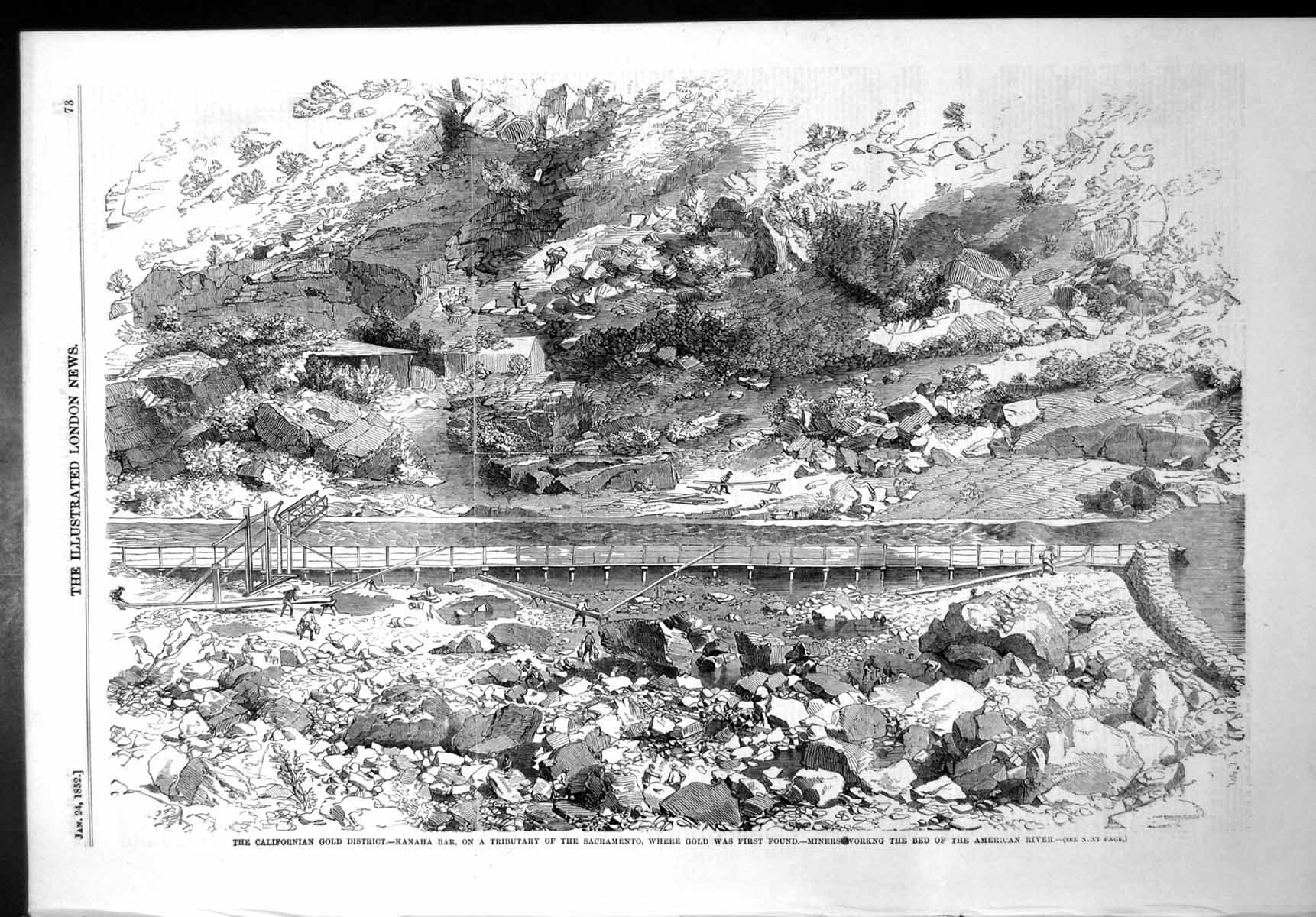 Old Antique Print Californian GDistrict Kanaha Bar Miners Bed River 1852 19th