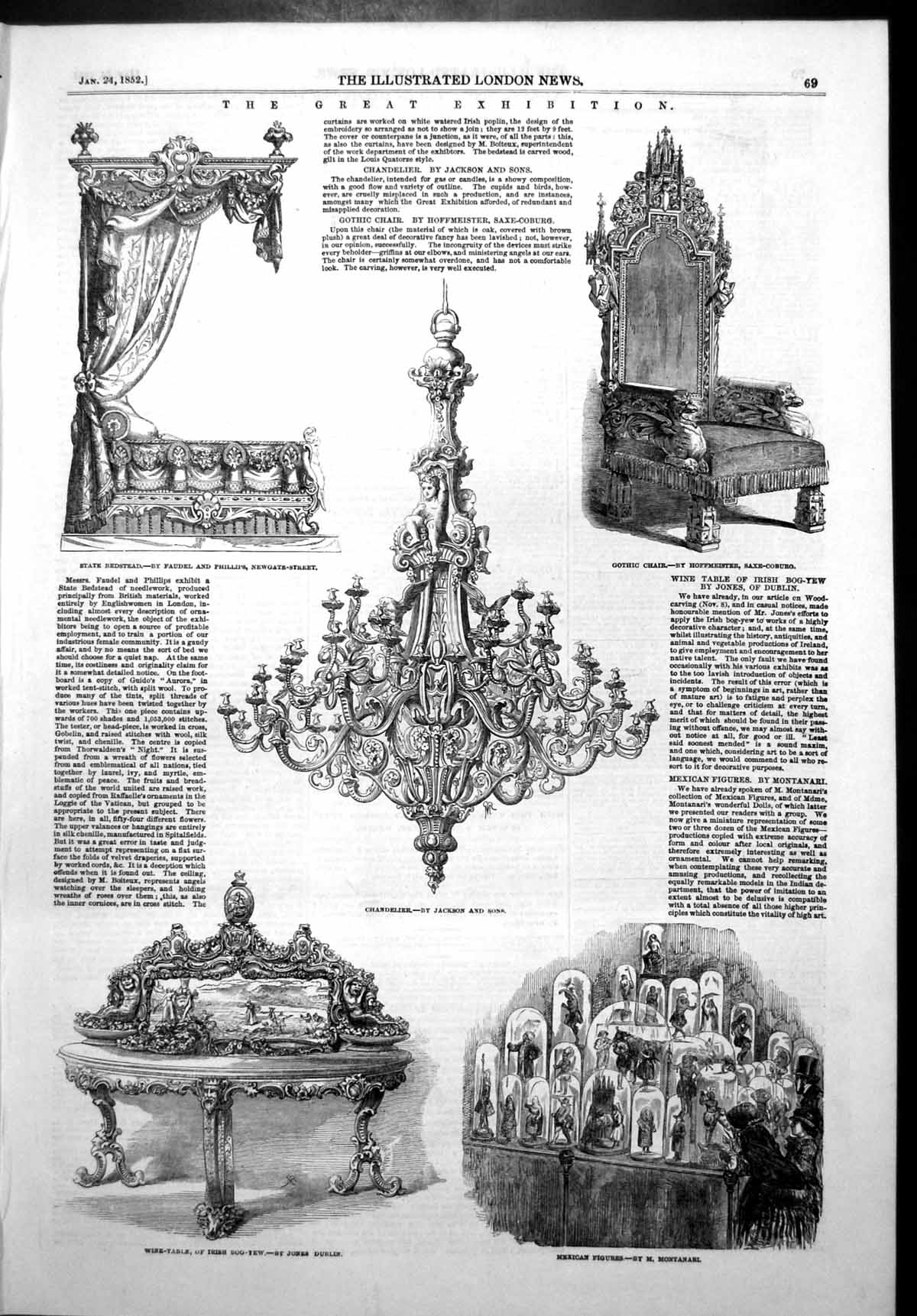 Antique Print Great Exhibition Chandelier Gothic Chair State Bedstead 1852 19th