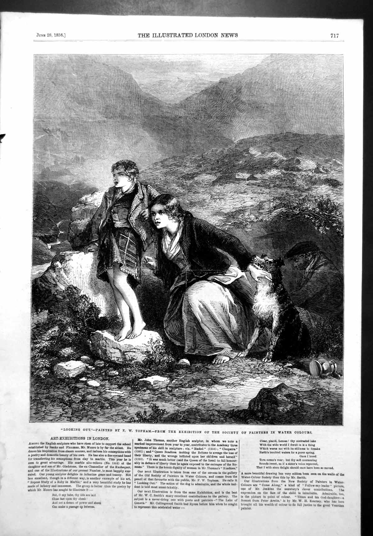 Original Old Antique Print Looking Out Fw Topham Mother Child Dog Moors 1856