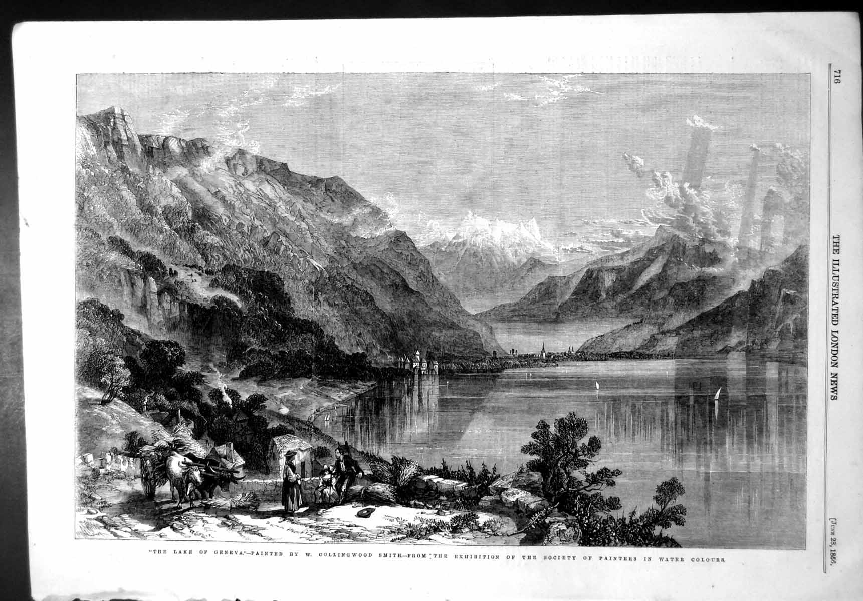 Antique Old Print Lake Geneva W Collingwood Smith Painters Water Colours 1856