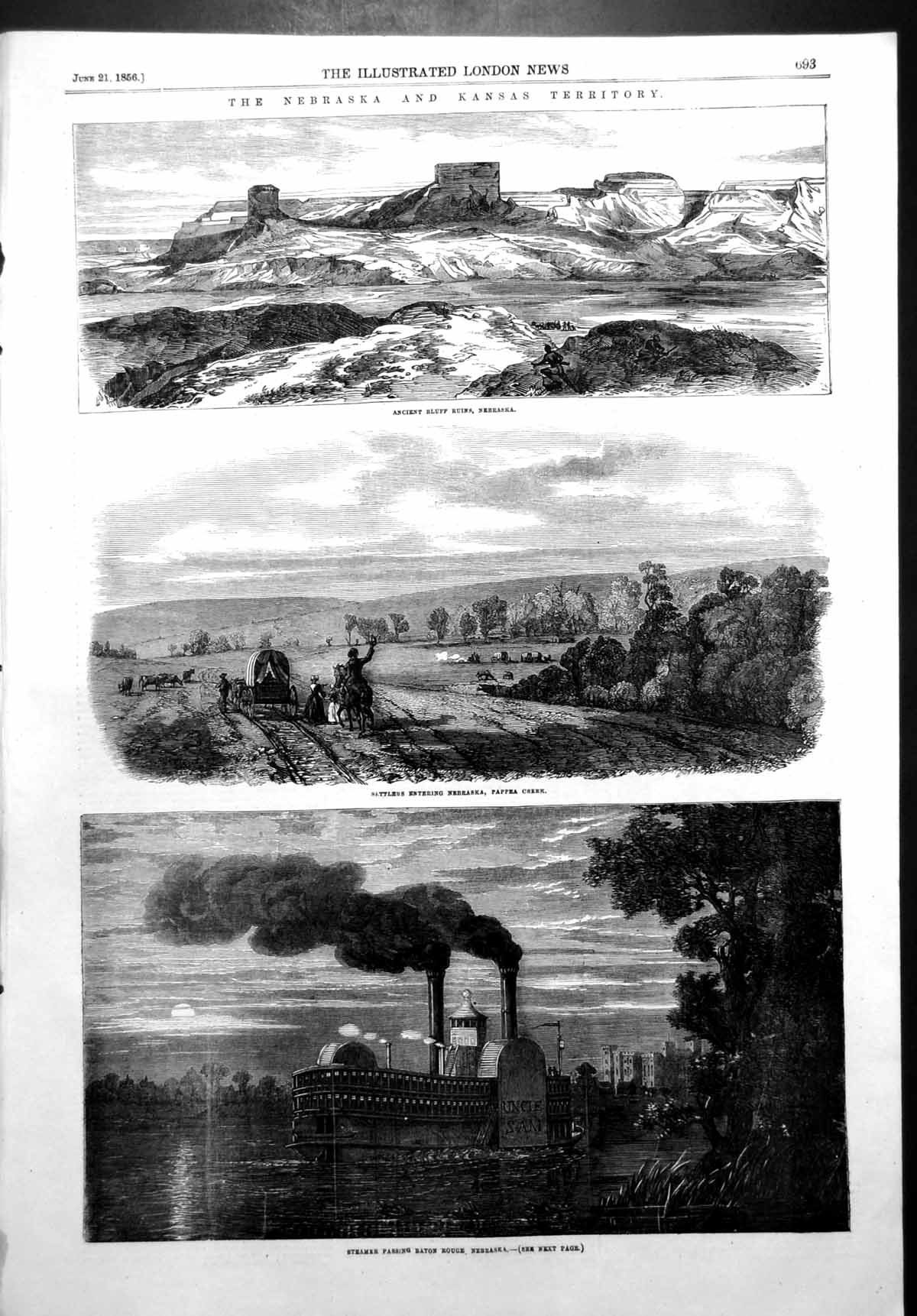 Old Print Nebraska Kansas Territory Steamer Baton Rouge Bluff Ruins 1856 19th