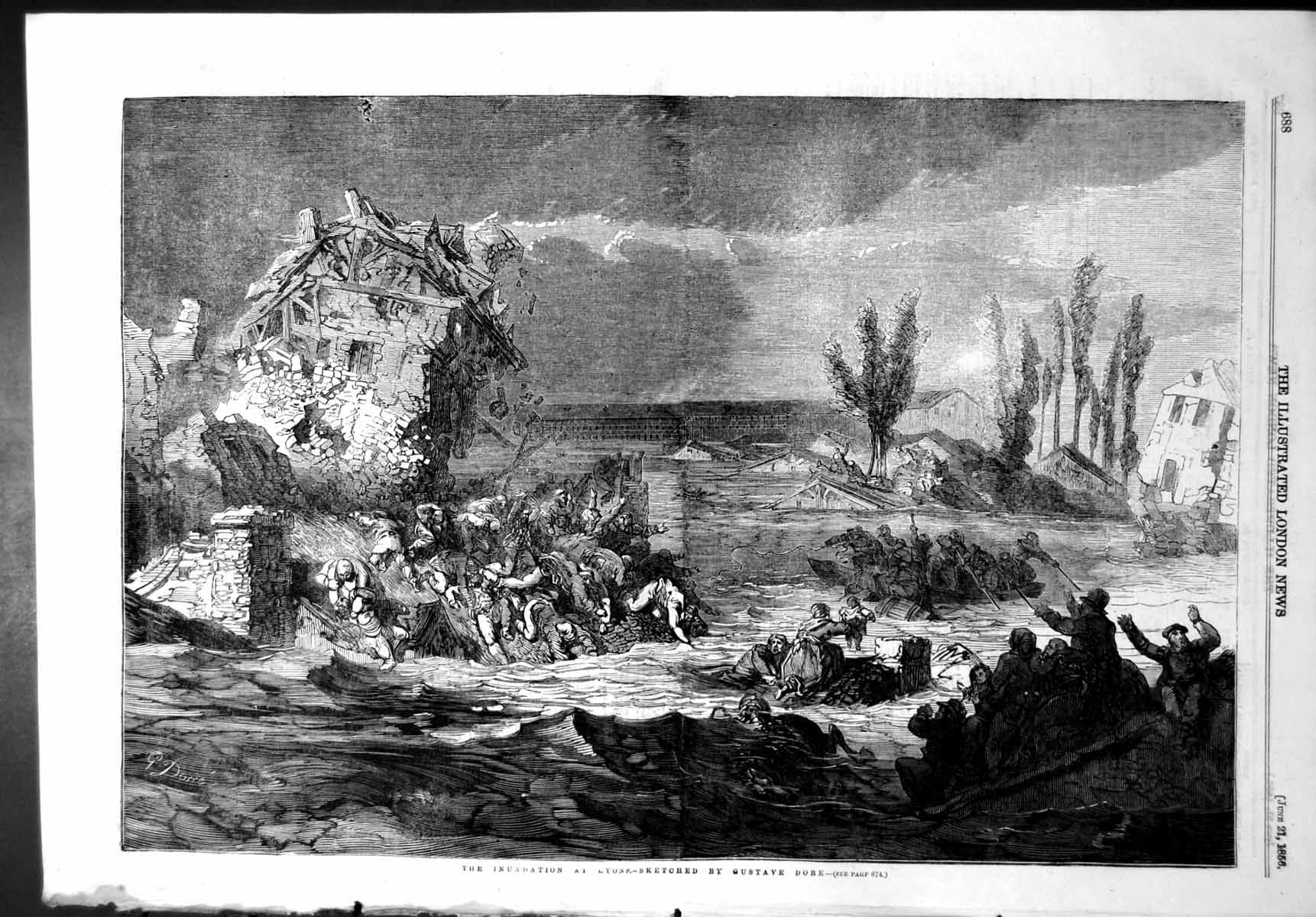 Antique Old Print Inundation Lyons Gustave Dore Rescueing People Boat 1856 19th