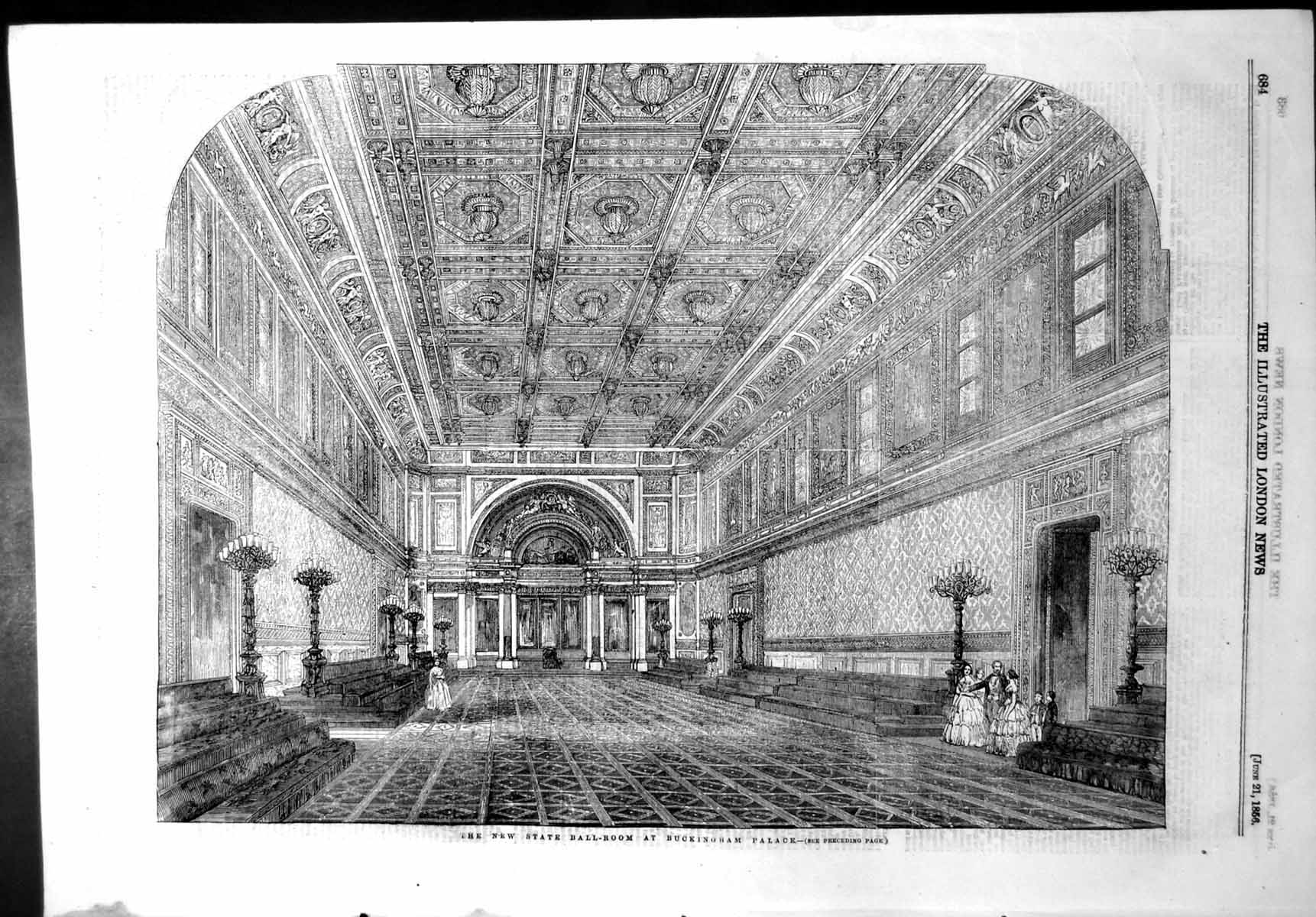Original Old Antique Print New State Ball Room Buckingham Palace 1856 Victorian