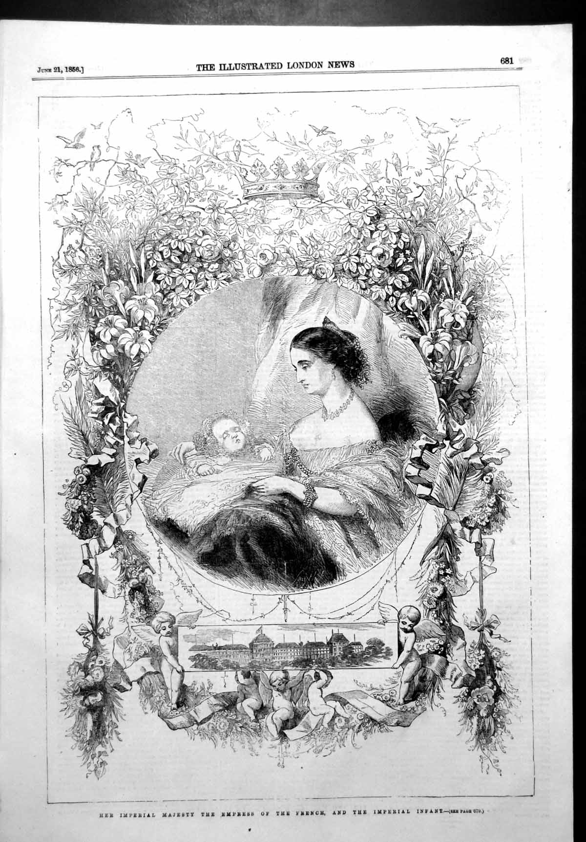 Original Old Antique Print Imperial Majesty Empress French Imperial Infant 1856