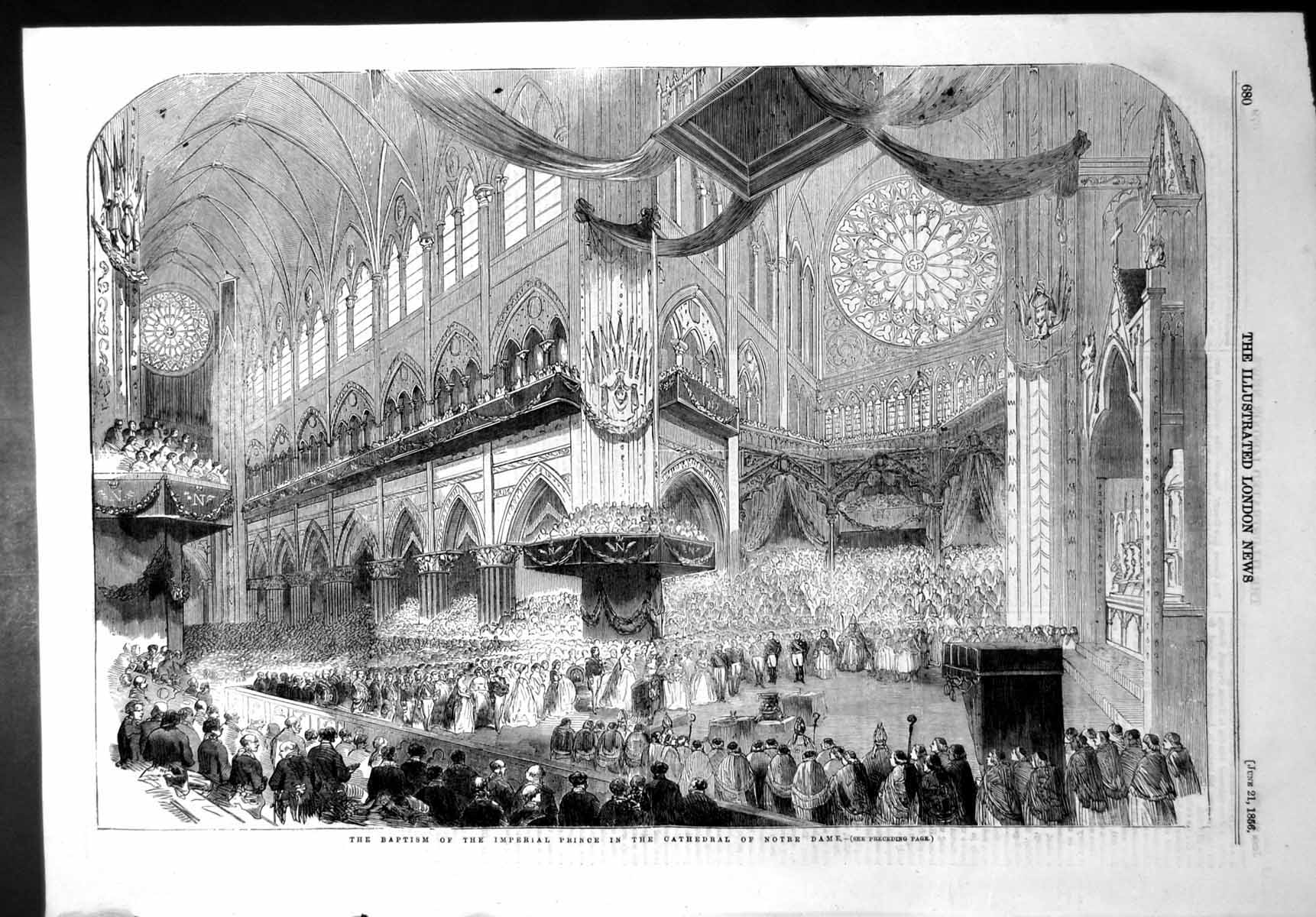 Original Old Antique Print Baptism Imperial Prince Cathedral Notre Dame 1856