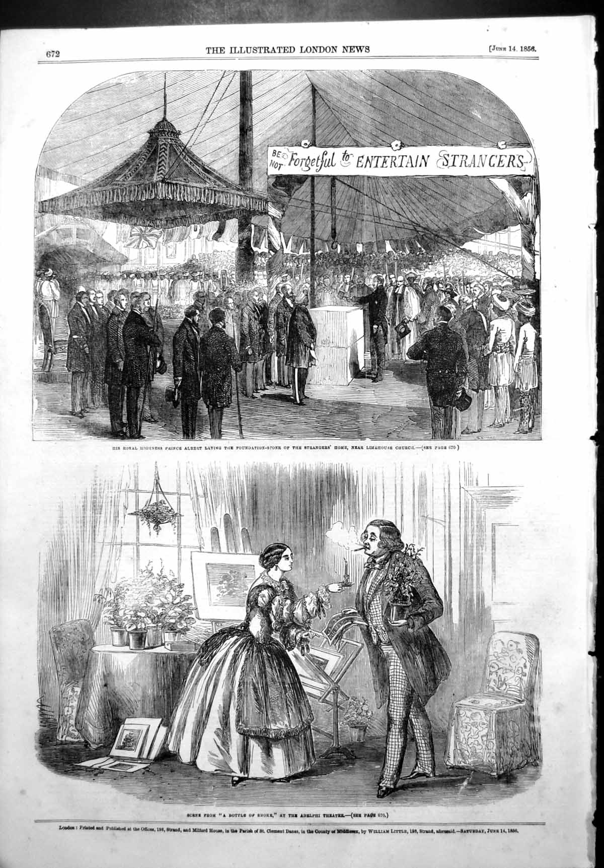Old Antique Print Prince Albert Strangers Home Bottle Smoke Adelphi 1856 19th