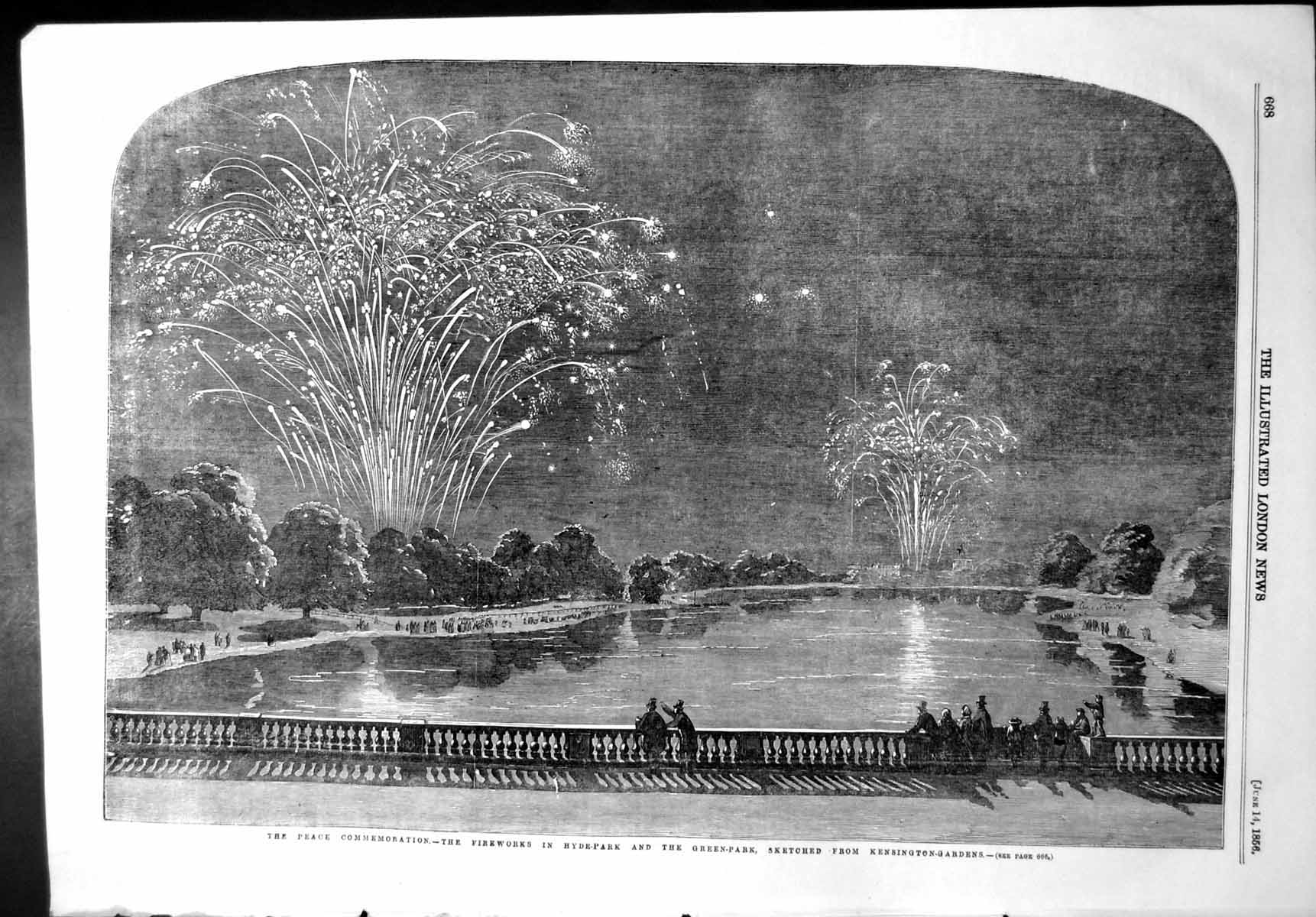 Old Antique Print Peace Commemoration Fireworks Hyde Park Green Park 1856 19th