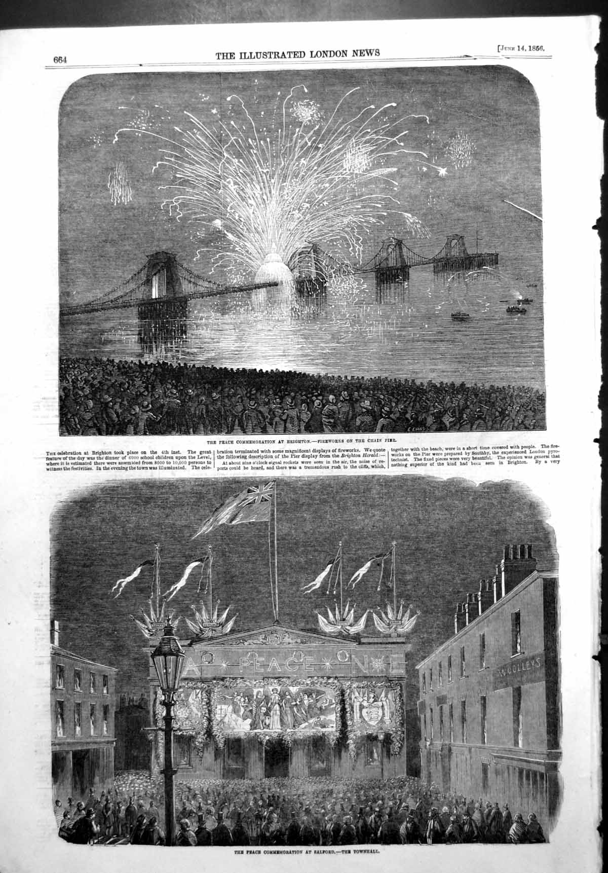 Antique Old Print Peace Commemoration Brighton Fireworks Pier Salford 1856 19th