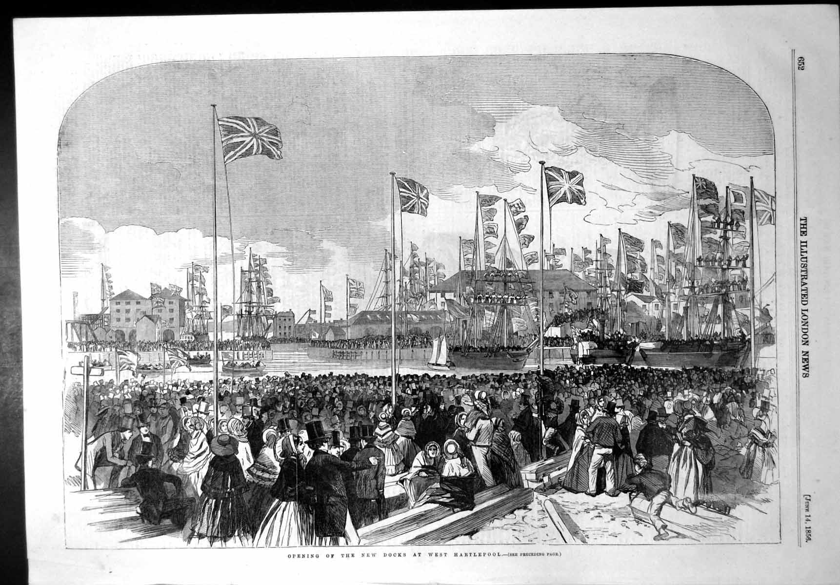 Original Old Antique Print Opening New Docks West Hartlepool Flags Flying 1856