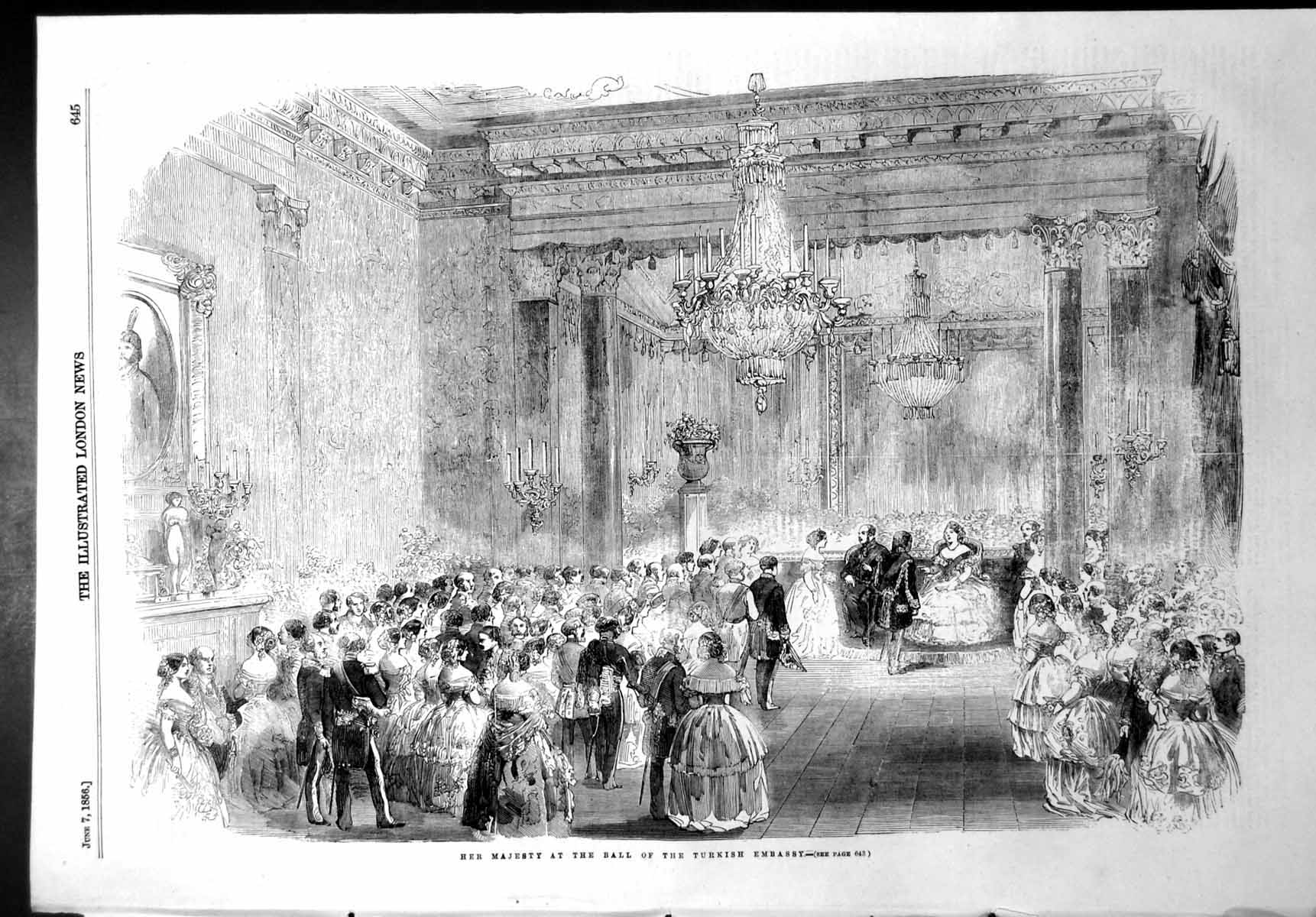 Antique Old Print Her Majesty Ball Turkish Enbassy Ballgowns Uniforms 1856 19th