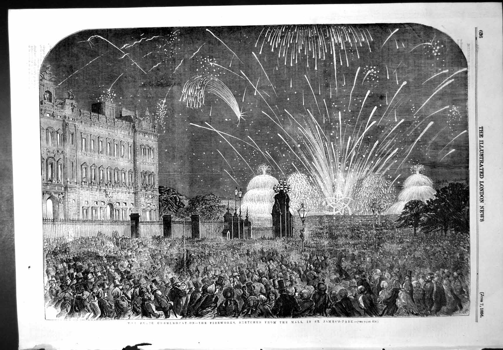 Antique Old Print Peace Commemoration Fireworks From Mall St Jamess Park 1856