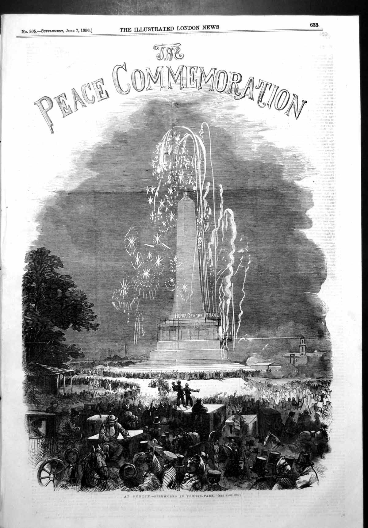 Old Antique Print Peace Commemoration Dublin Fireworks Phoenix Park 1856 19th