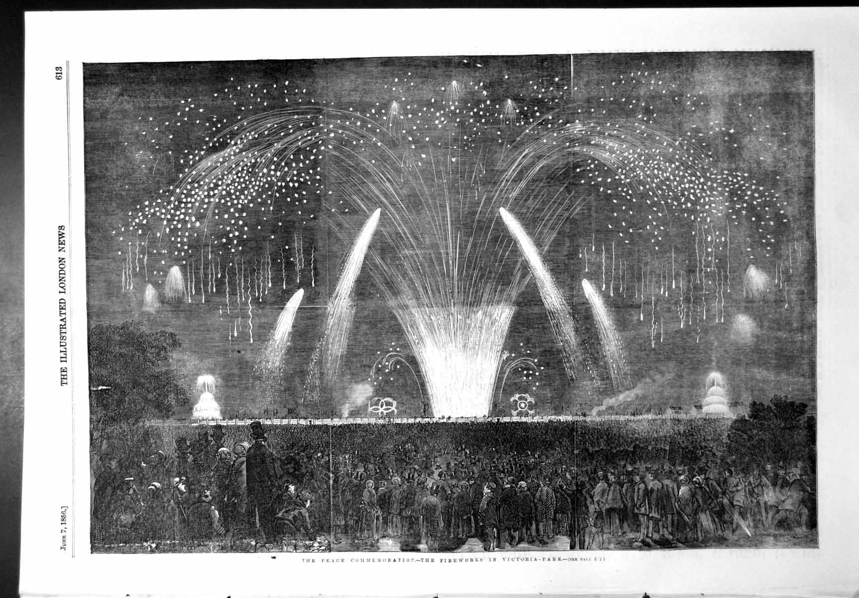 Original Old Antique Print Peace Commemoration Fireworks Victoria Park 1856