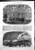Antique Old Print Peace Commemoration Plymouth Rockets Fleet Portsmouth 1856