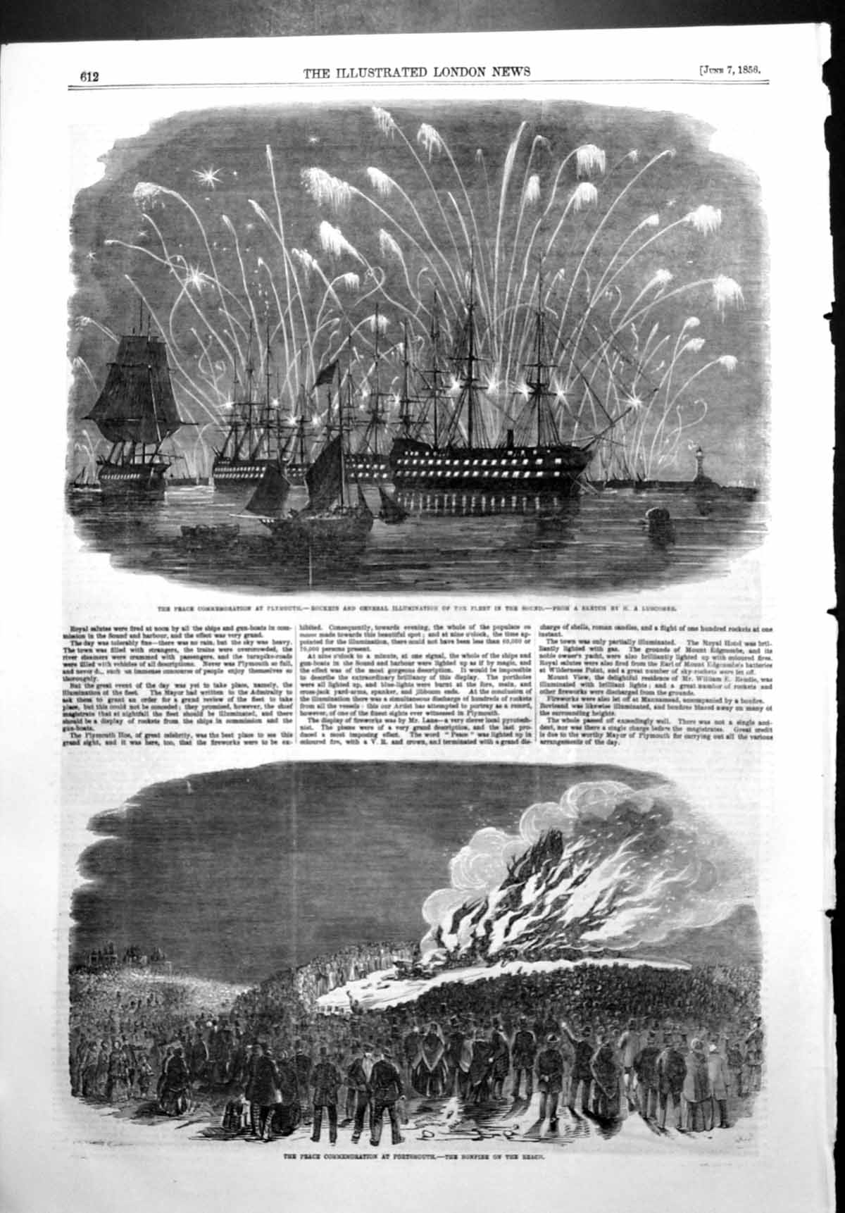 Antique Old Print Peace Commemoration Plymouth Rockets Fleet Portsmouth 1856