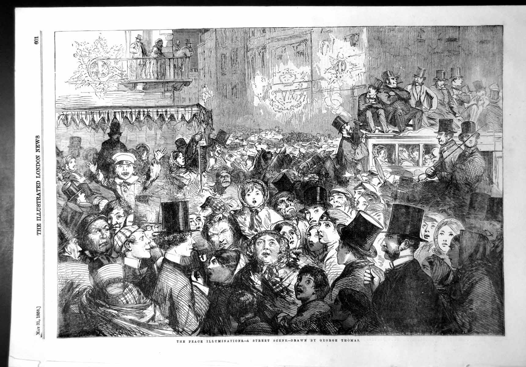 Antique Print Peace Illuminations Street Scene George Thomas Top Hats 1856 19th