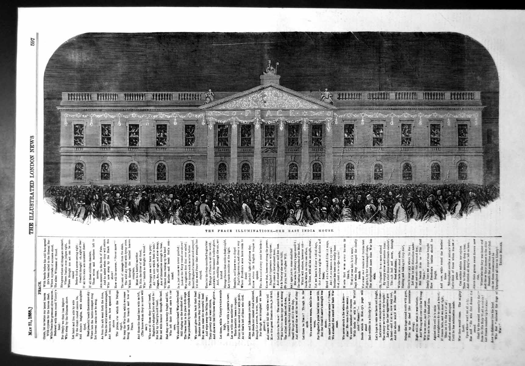 Original Old Antique Print Peace Illuminations East India House 1856 Victorian