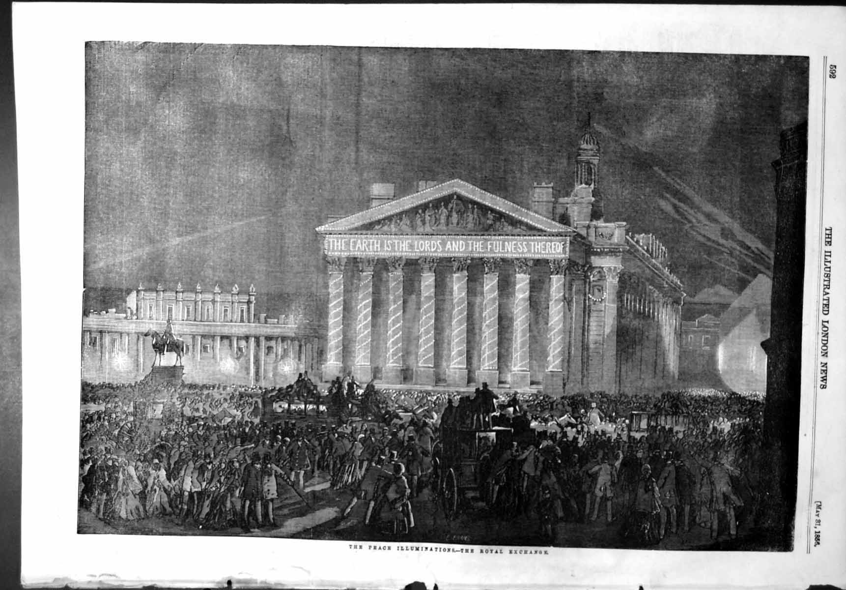 Original Old Antique Print Peace Illuminations Royal Exchange 1856 Victorian