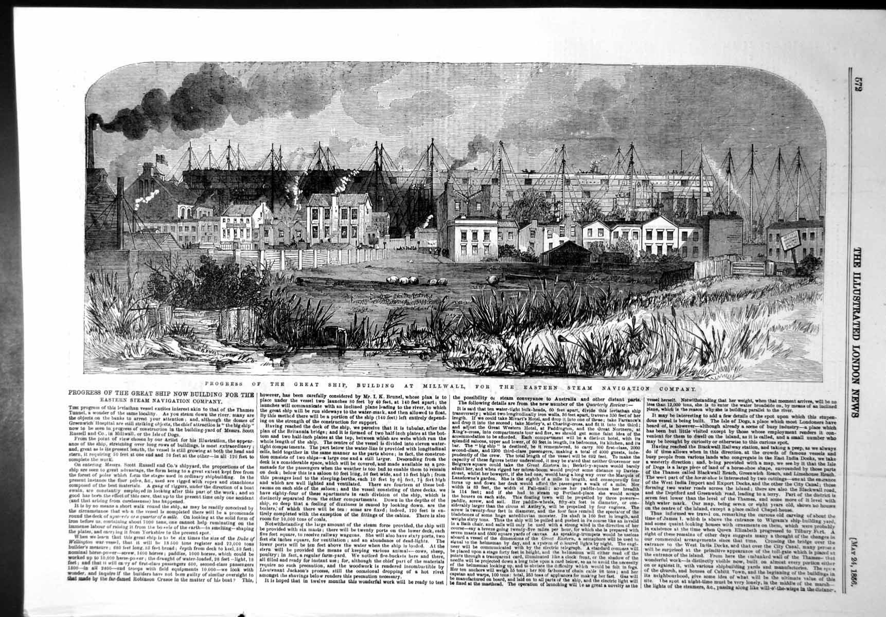 Old Print Progress Ship Building Millwall Eastern Steam Navigation Co1856 19th