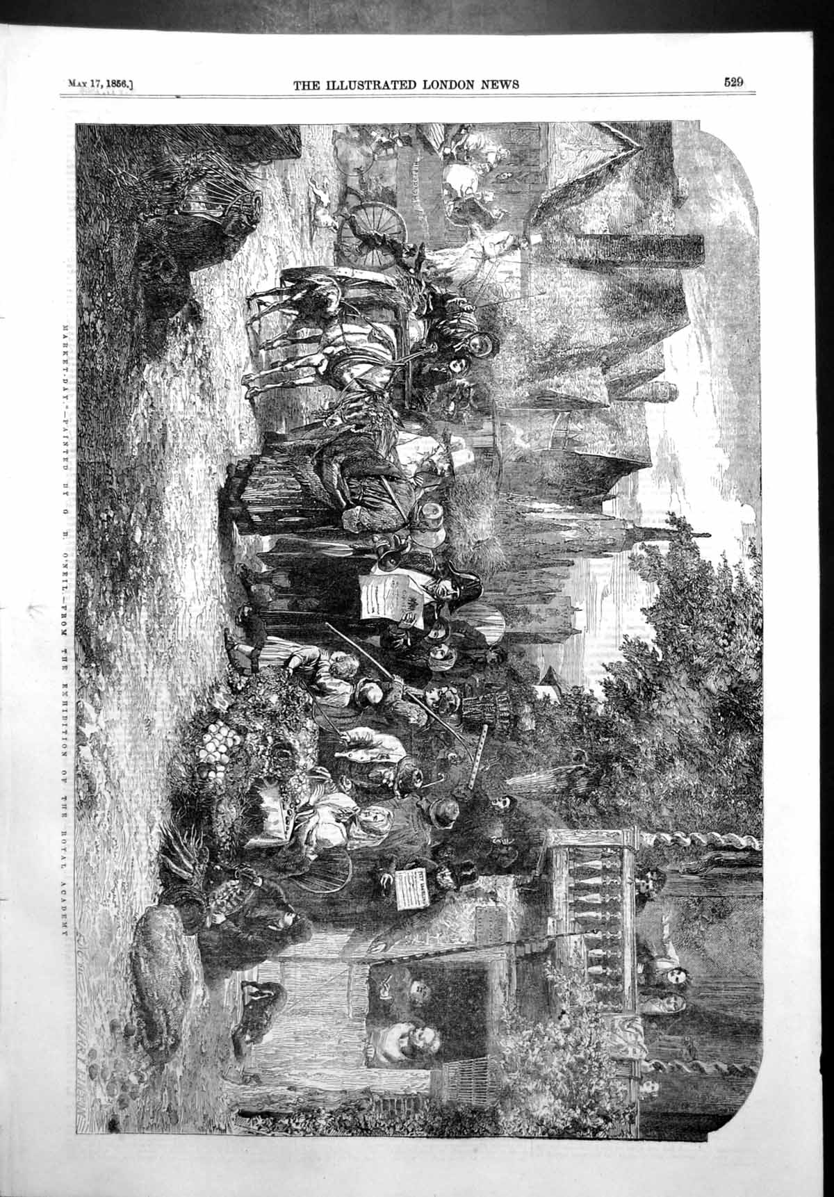 Original Old Antique Print Market Day Gb O'Neil Royal Academy Fruit Seller 1856
