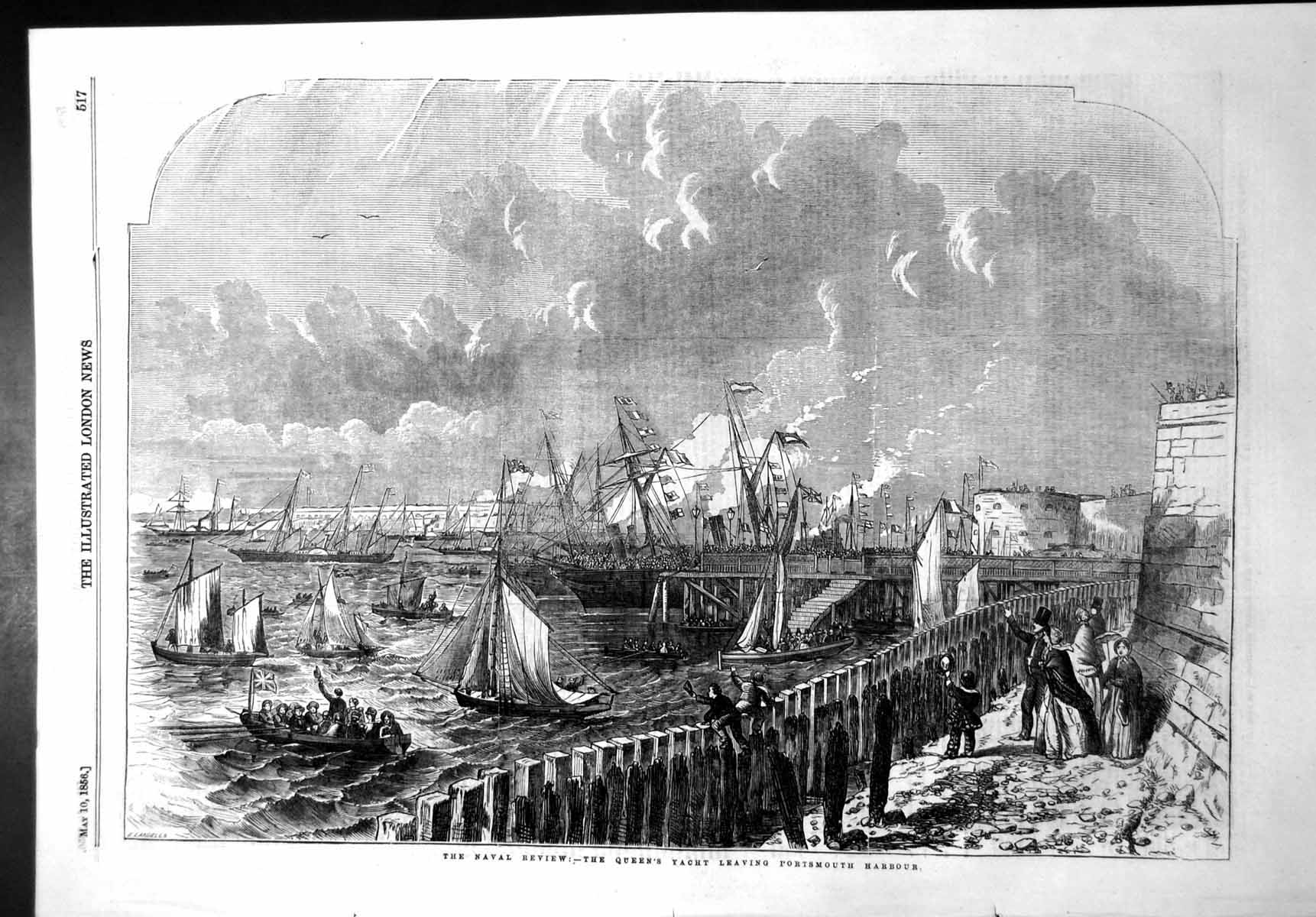 Antique Old Print Naval Review Queens Yacht Leaving Portsmouth Harbour 1856