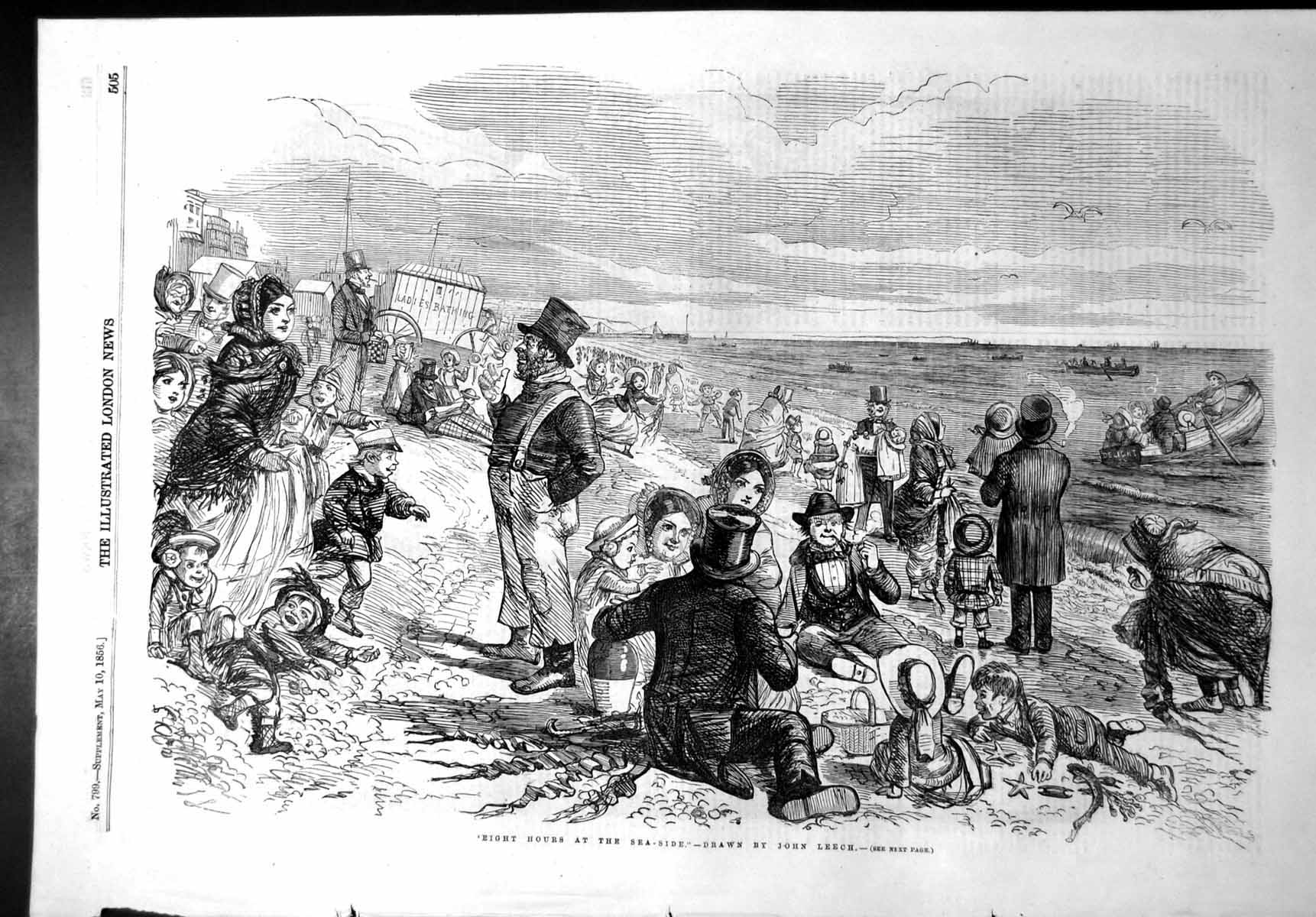 Antique Old Print Eight Hours At Sea Side John Leech Families Relaxing 1856