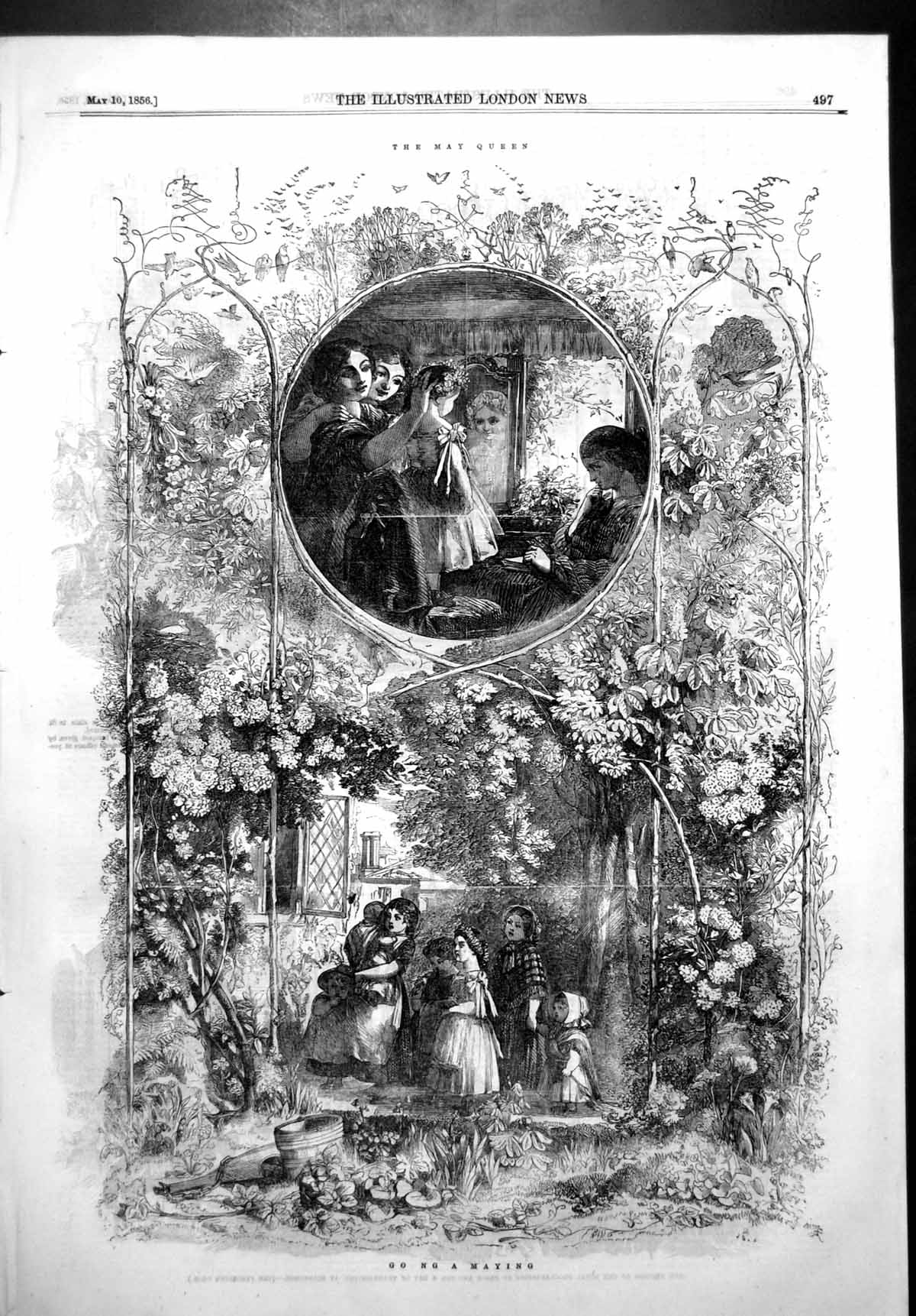 Antique Old Print May Queen Going A Maying Dressing Girl Flowers Hair 1856 19th