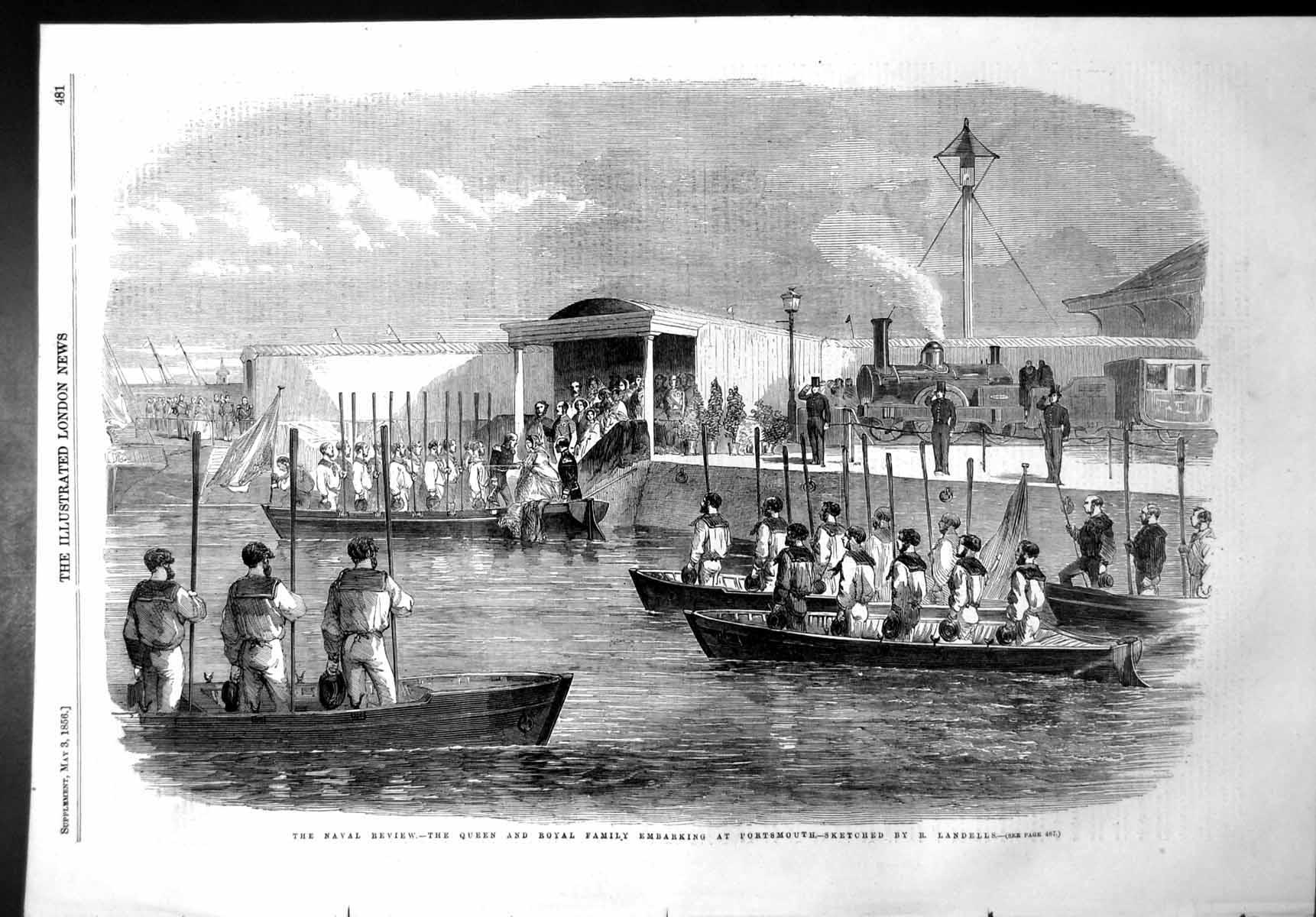 Old Print Naval Review Queen Royal Family Embarking Portsmouth 1856 Ref.2 19th