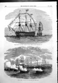 Antique Old Print Naval Review Pivot Ships Rodney London Gunboat Attack 1856