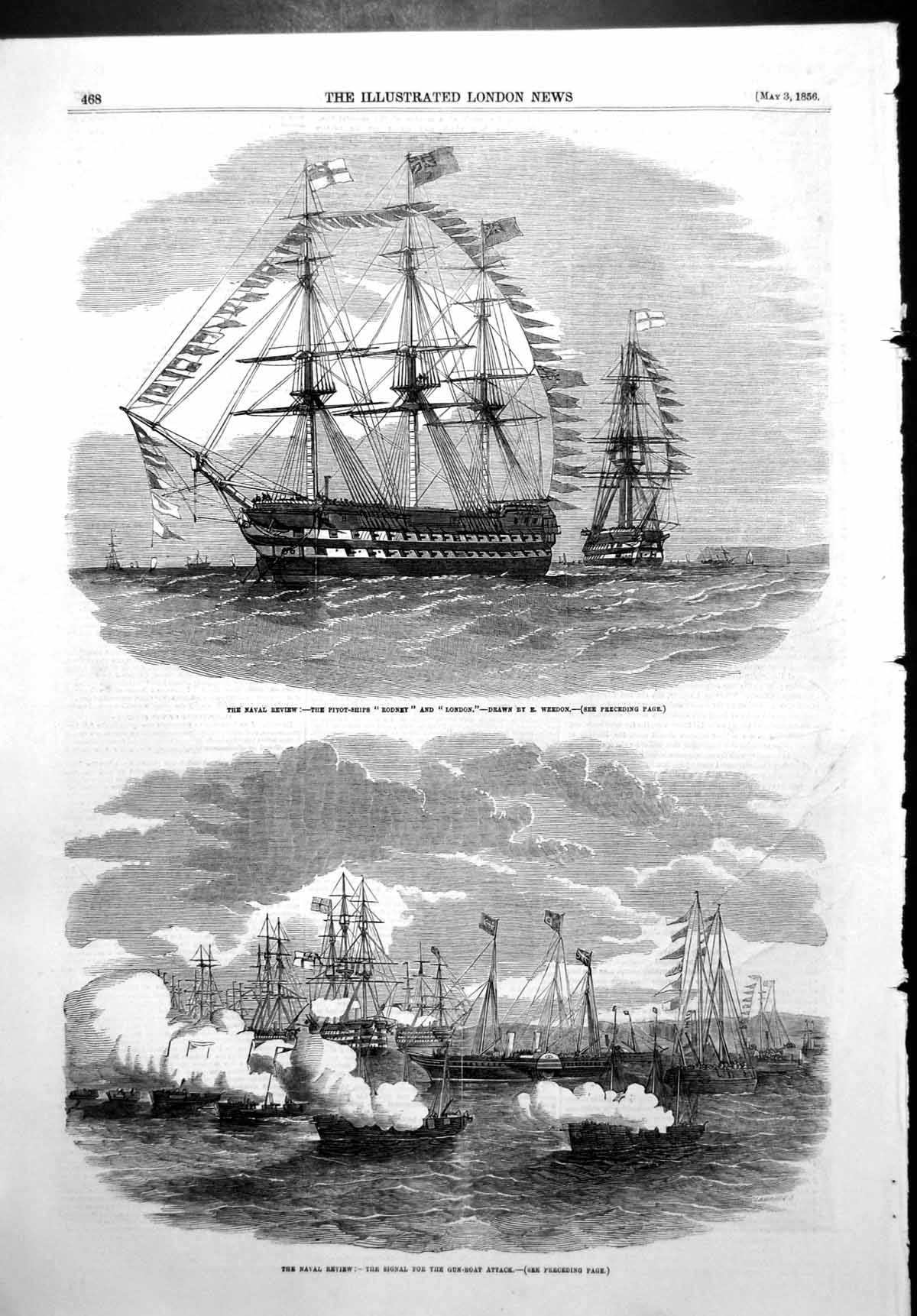 Antique Old Print Naval Review Pivot Ships Rodney London Gunboat Attack 1856