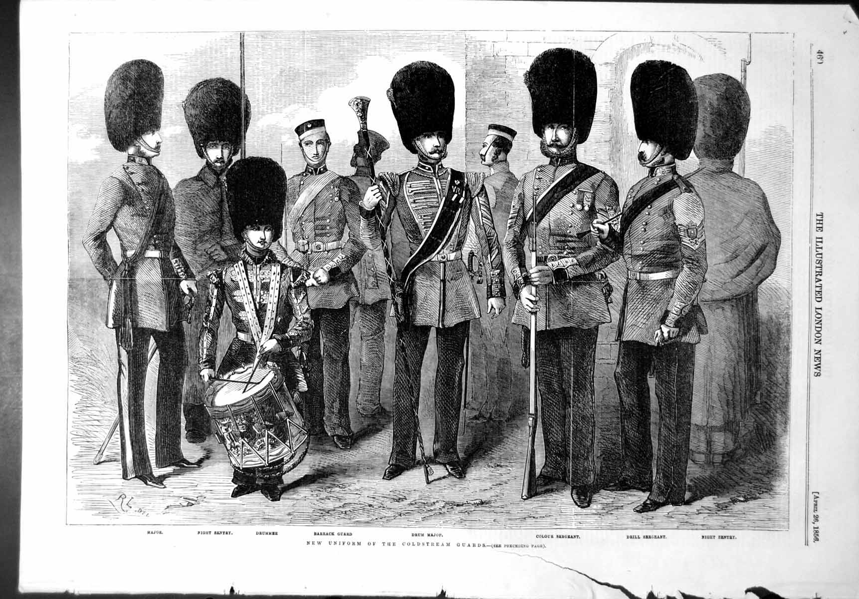 Old Antique Print New Uniform Cstream Guards Drum Major Night Sentry 1856 19th