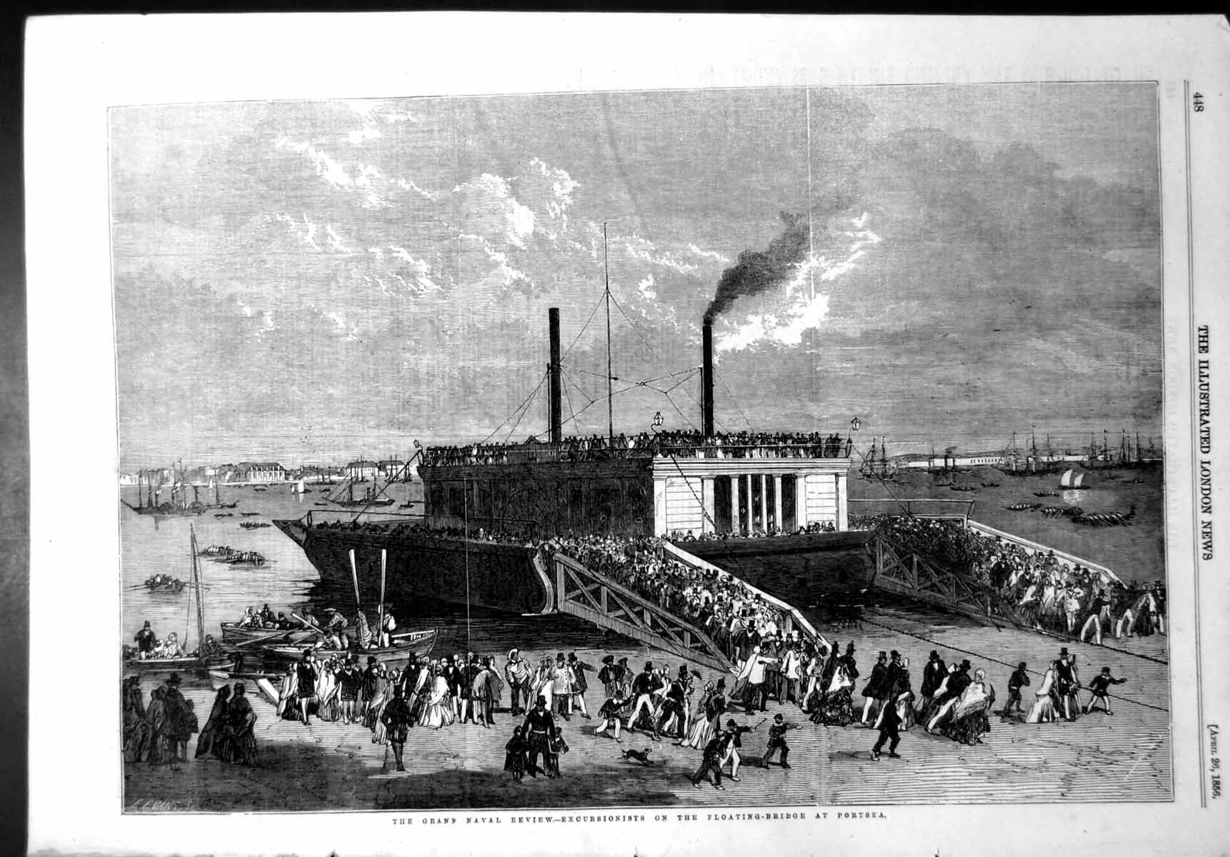 Antique Print Grand Naval Review Excursionists Floating Bridge Portsea 1856
