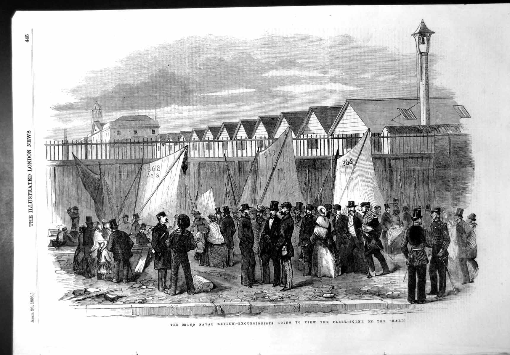 Antique Old Print Grand Naval Review Excursionists View Fleet Scene Hard 1856