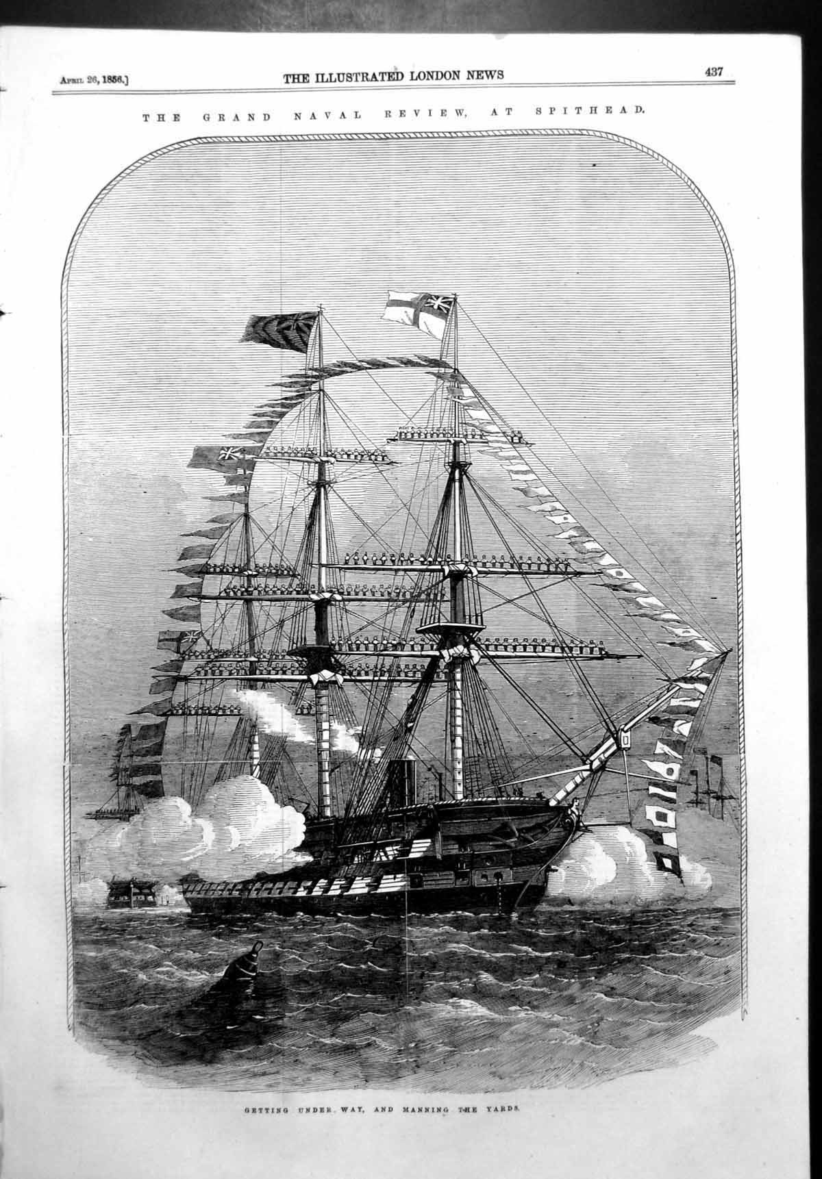 Antique Old Print Grand Naval Review Spithead Under Way Manning Yards 1856 19th
