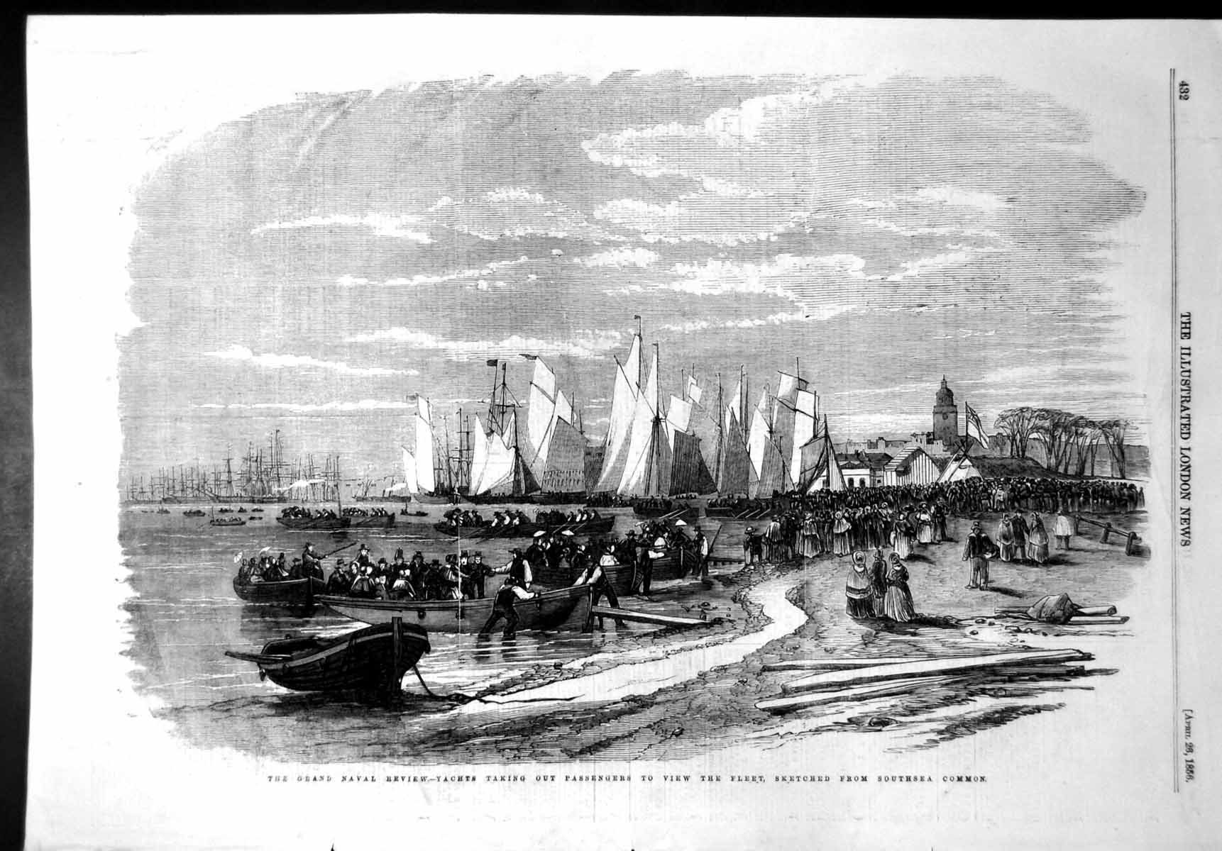 Antique Print Naval Review Yachts Passengers View Fleet Southsea Common1856