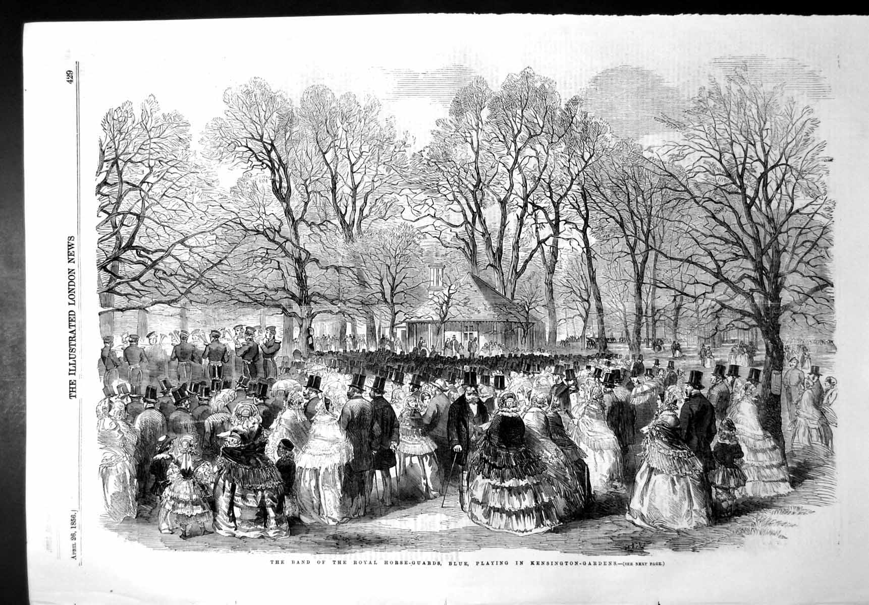 Antique Print Band Royal Horse Guards Blue Playing Kensington Gardens 1856 19th