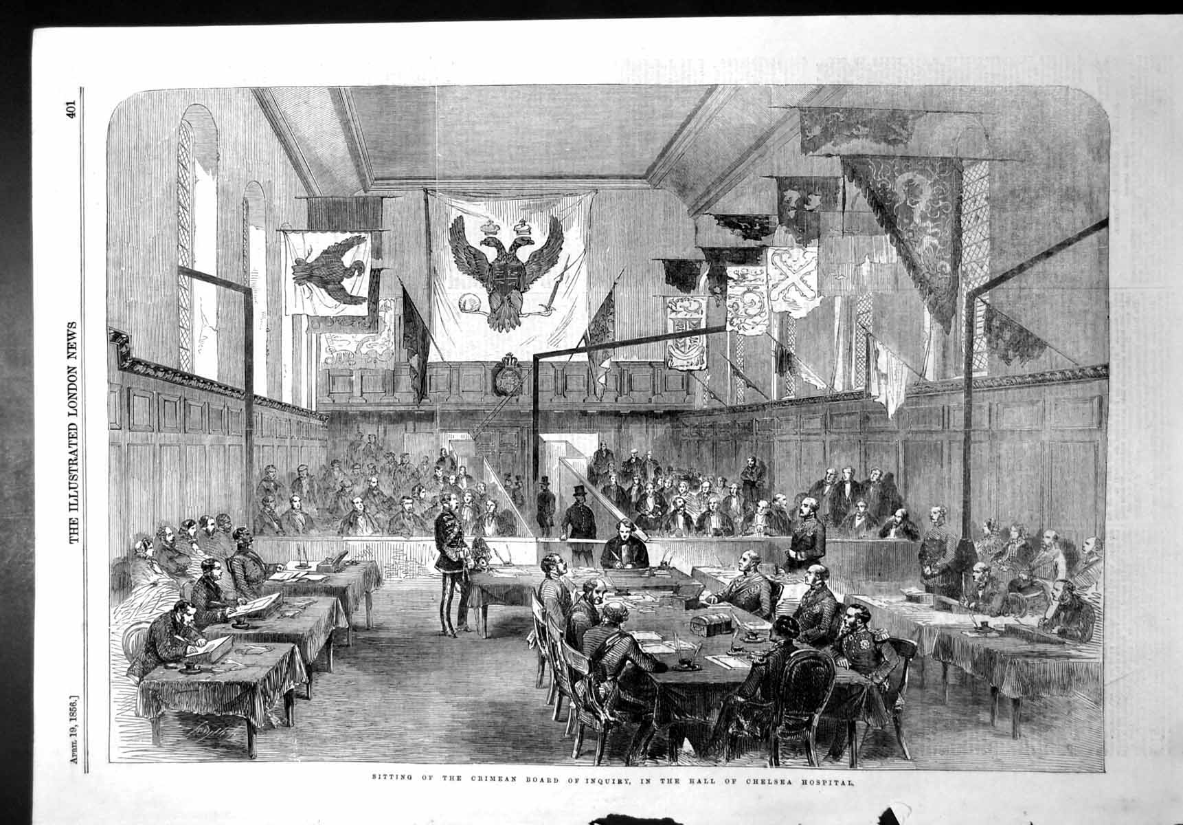 Antique Old Print Sitting Crimean Board Inquiry Hall Chelsea Hospital 1856 19th