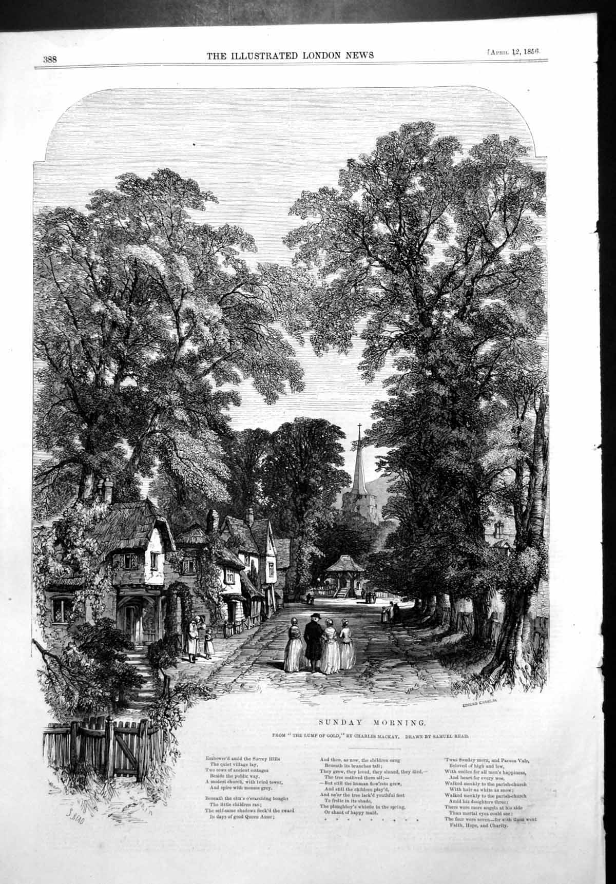 Original Old Antique Print Sunday Morning Going Church Lump GSamuel Read 1856