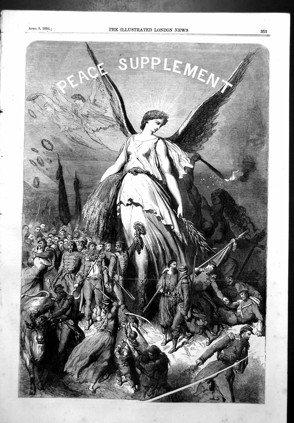 Old Antique Print Peace Supplement Angels Wings Corn Siers Embracing 1856 19th
