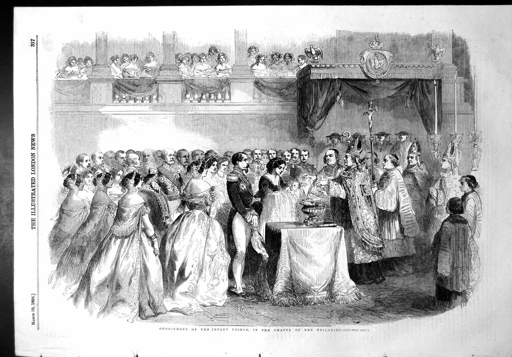 Original Old Antique Print Ondoiemnt Infant Prince Chapel Tuileries Paris 1856