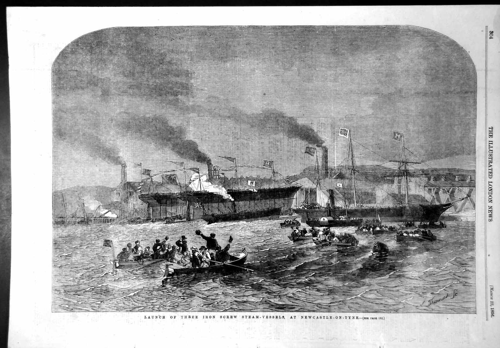 Antique Print Launch Three Iron Screw Steam Vessels Newcastle On Tyne 1856 19th