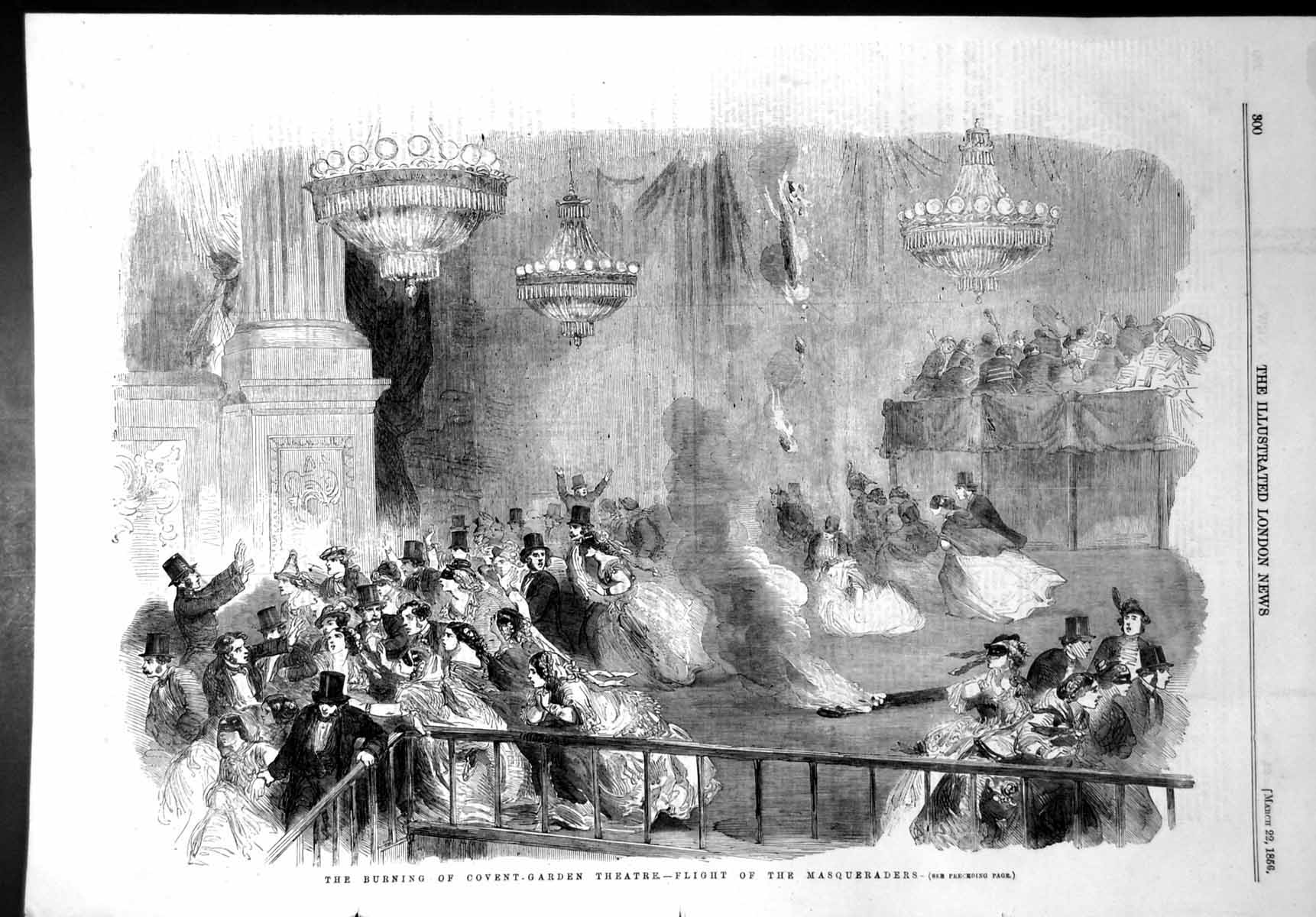 Old Antique Print Burning Covent Garden Theatre Flight Masquerades 1856 19th