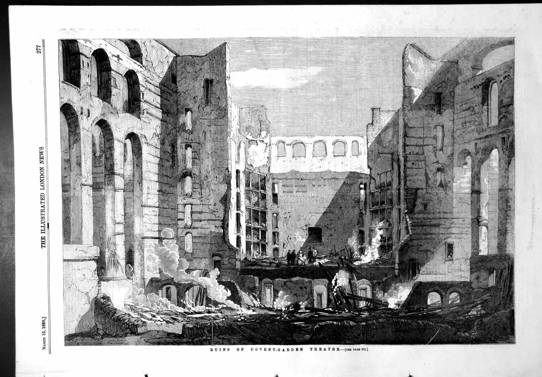 Original Old Antique Print Ruins Covent Garden Theatre After Fire 1856 19th