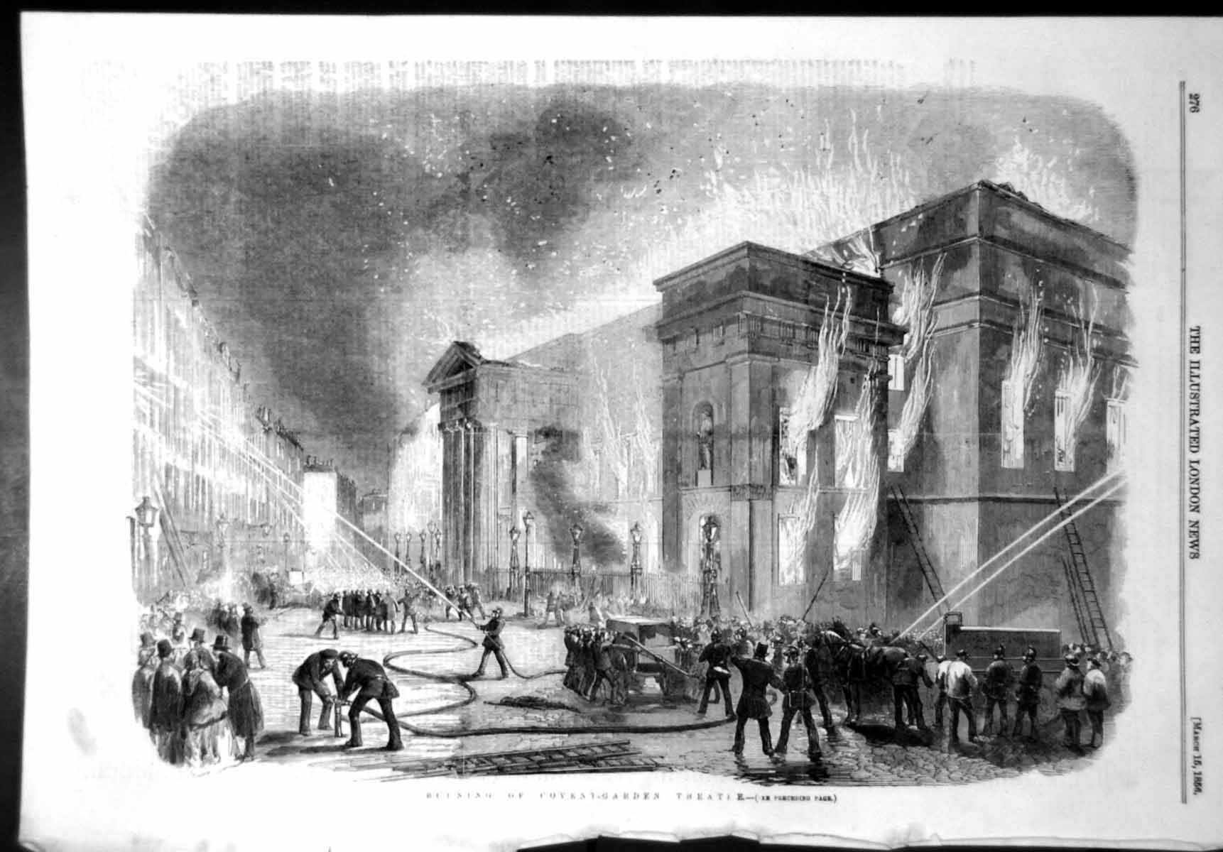 Old Antique Print Burning Covent Garden Theatre Fire Brigade Hoses 1856 19th