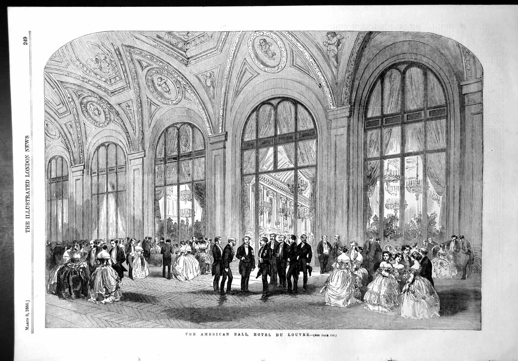 Original Old Antique Print American Ball Hotel Du Louvre 1856 19th