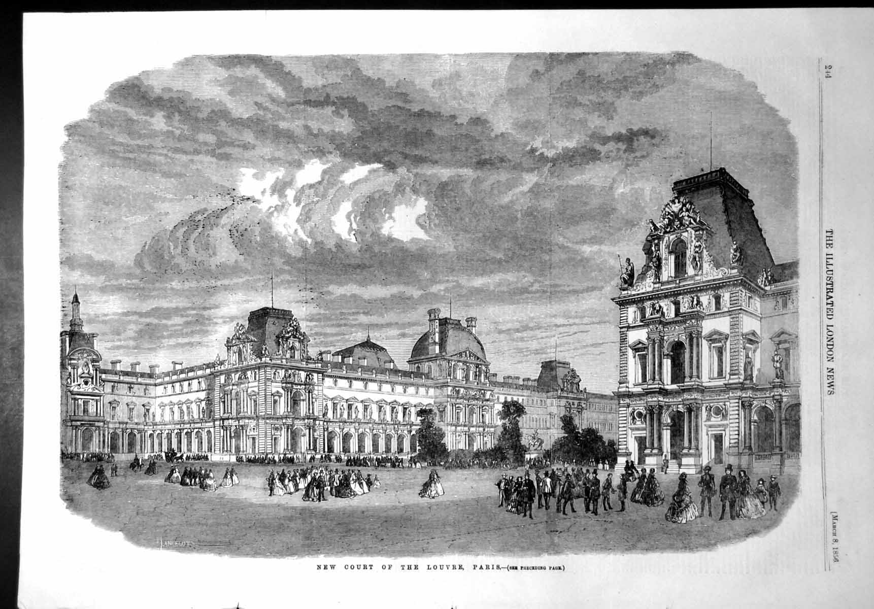 Original Old Antique Print New Court Louvre Paris Great Square Carrousel 1856