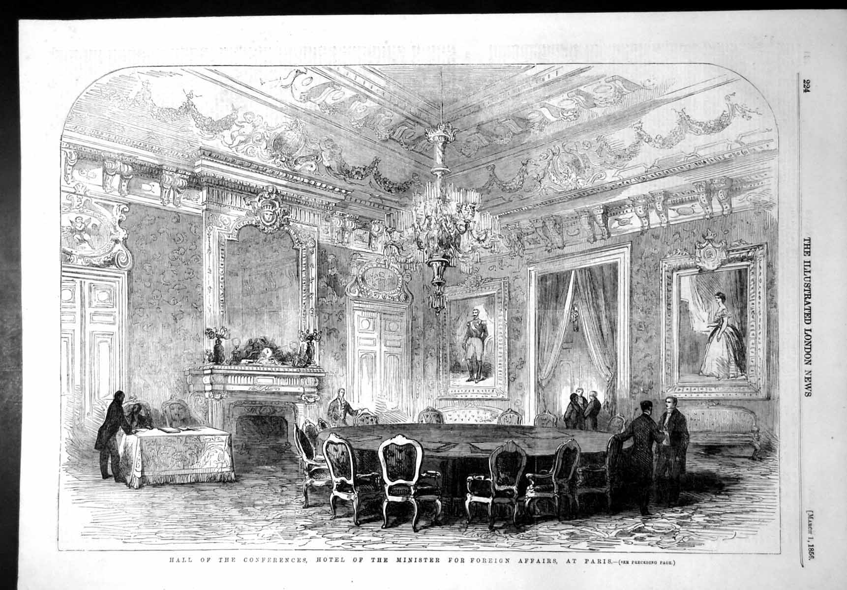 Antique Old Print Hall Conferences Hotel Minister Foreign Affairs Paris 1856